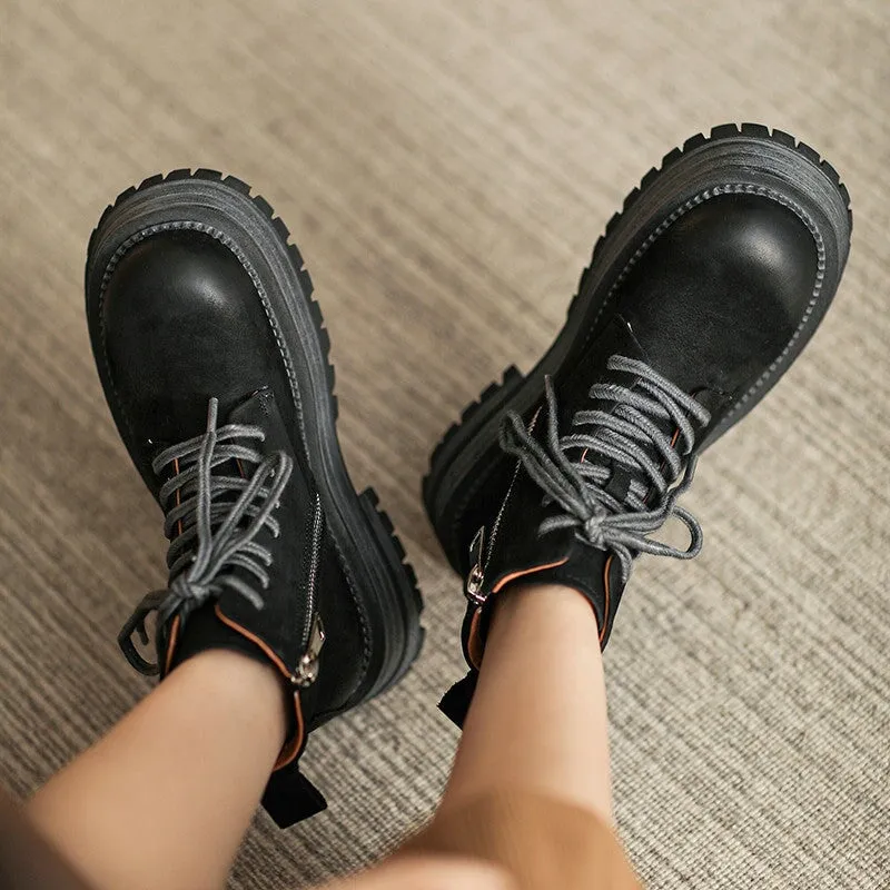 50mm Platform Chunky Lace-up Leather Boots Designer Retro Combat Boots Handmade in Black/Coffee