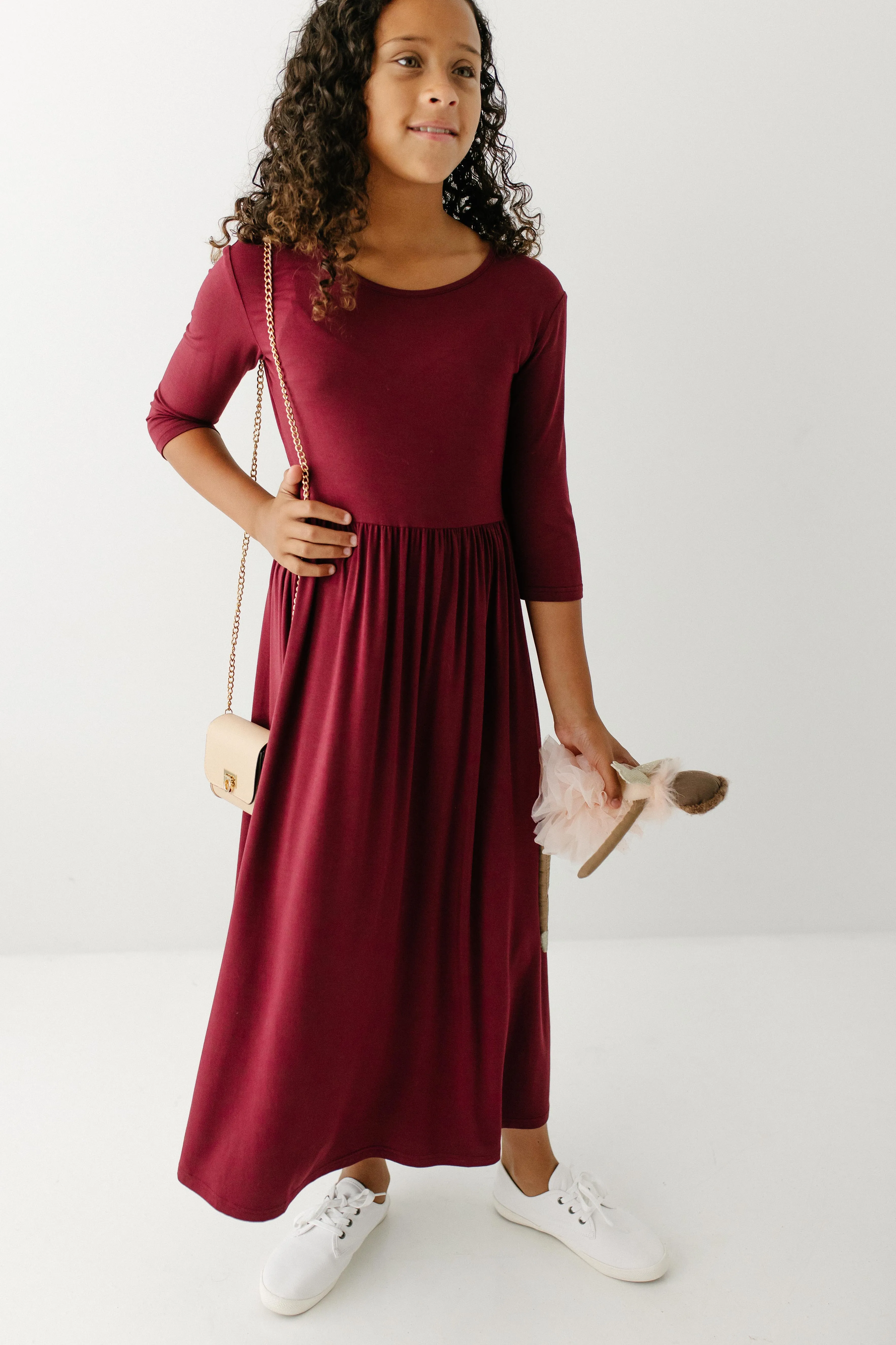 'Abigail' Girl Bamboo Blend Maxi Dress in Burgundy FINAL SALE