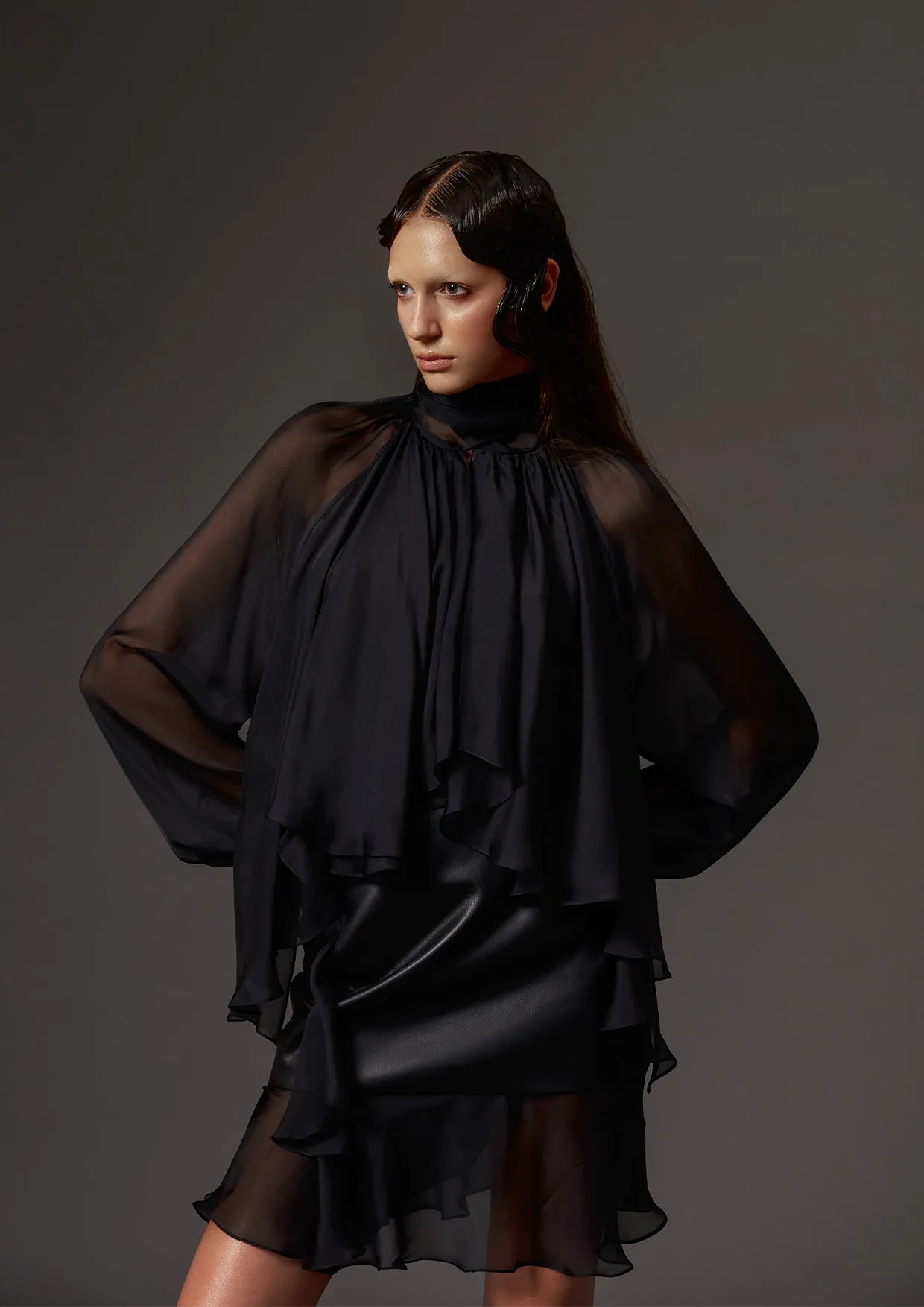 Balloon-Sleeve Silk Chiffon Blouse