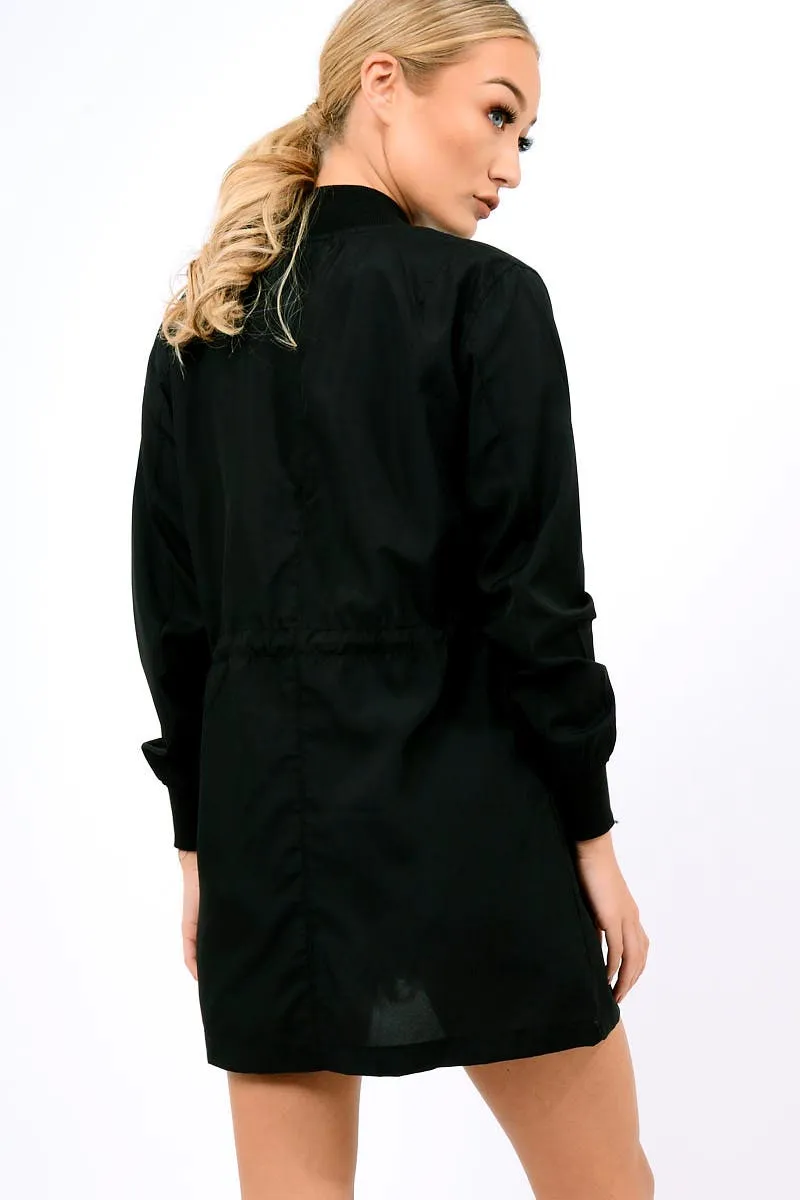 Black Bomber Style Long Jacket - Brea