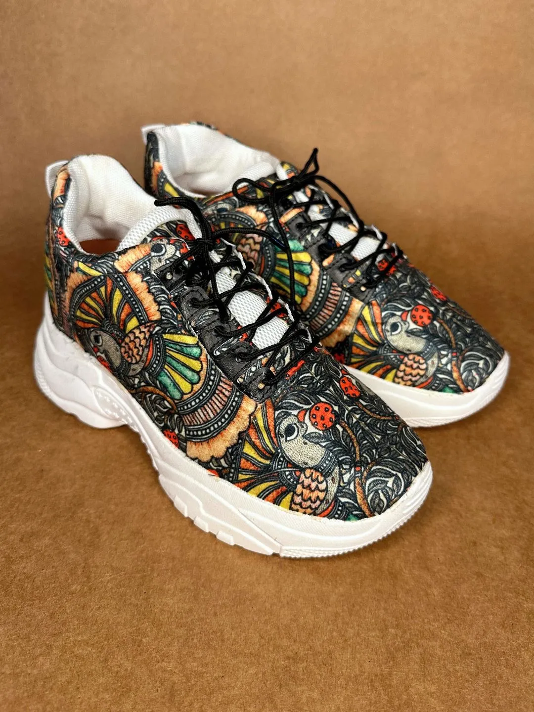 Black Madhubani Art Printed Sneakers