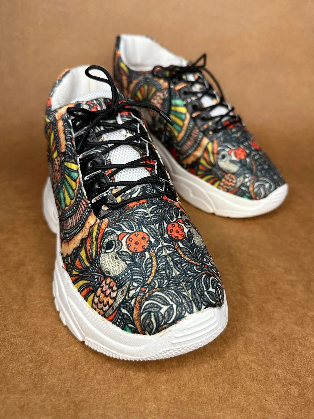 Black Madhubani Art Printed Sneakers