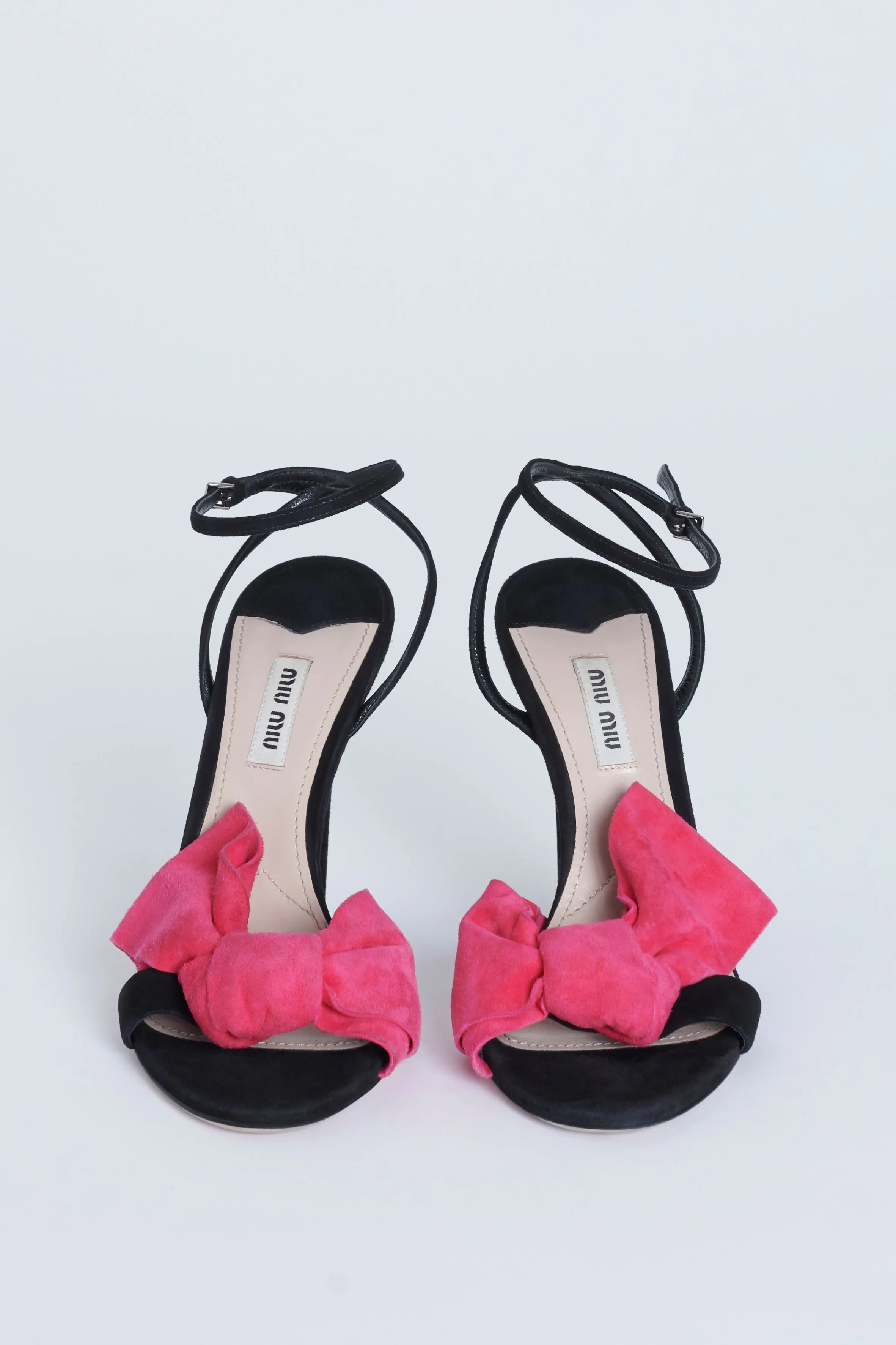 Black Nancy Sand Suede Preowned Heels with Pink Bow Detail