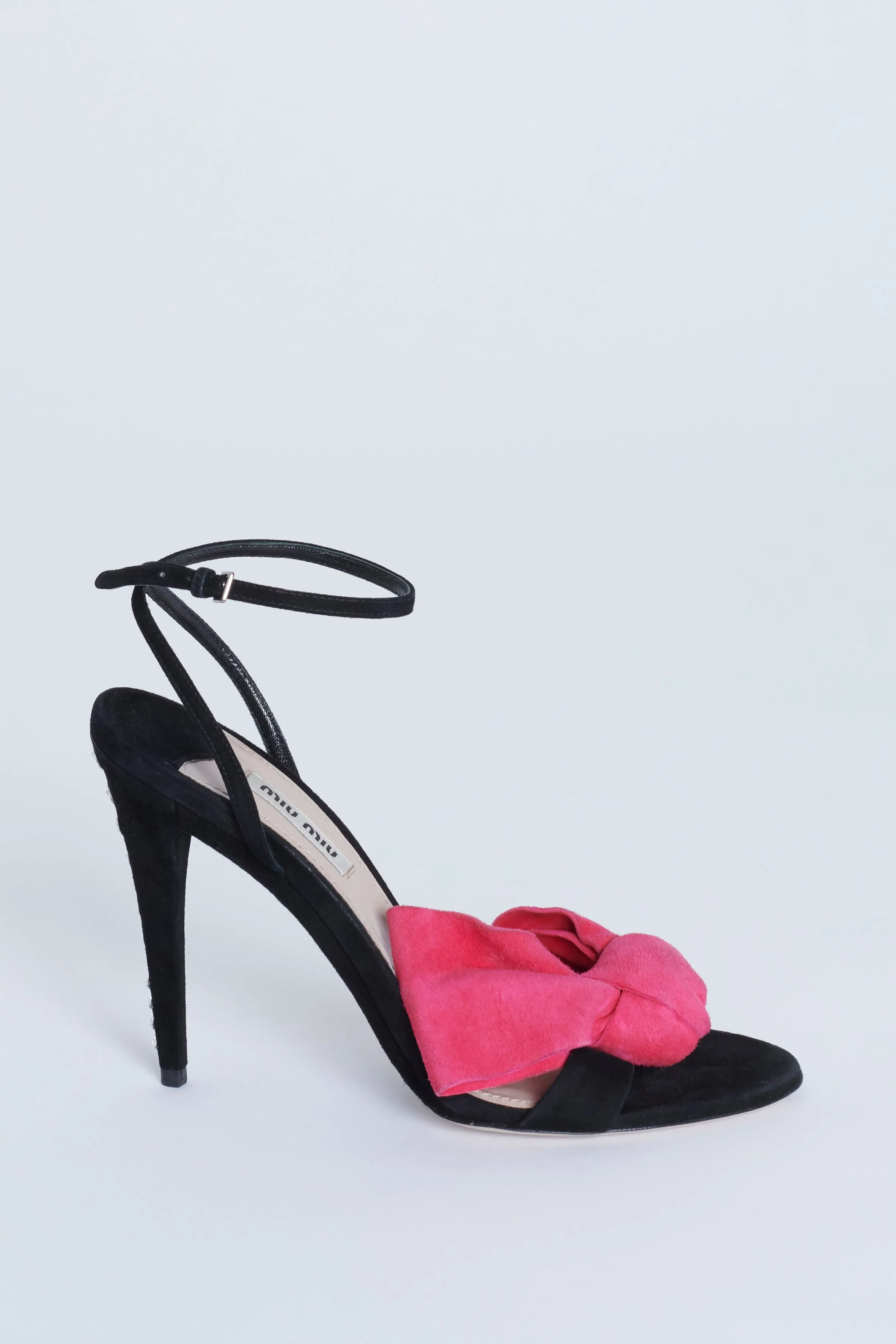 Black Nancy Sand Suede Preowned Heels with Pink Bow Detail