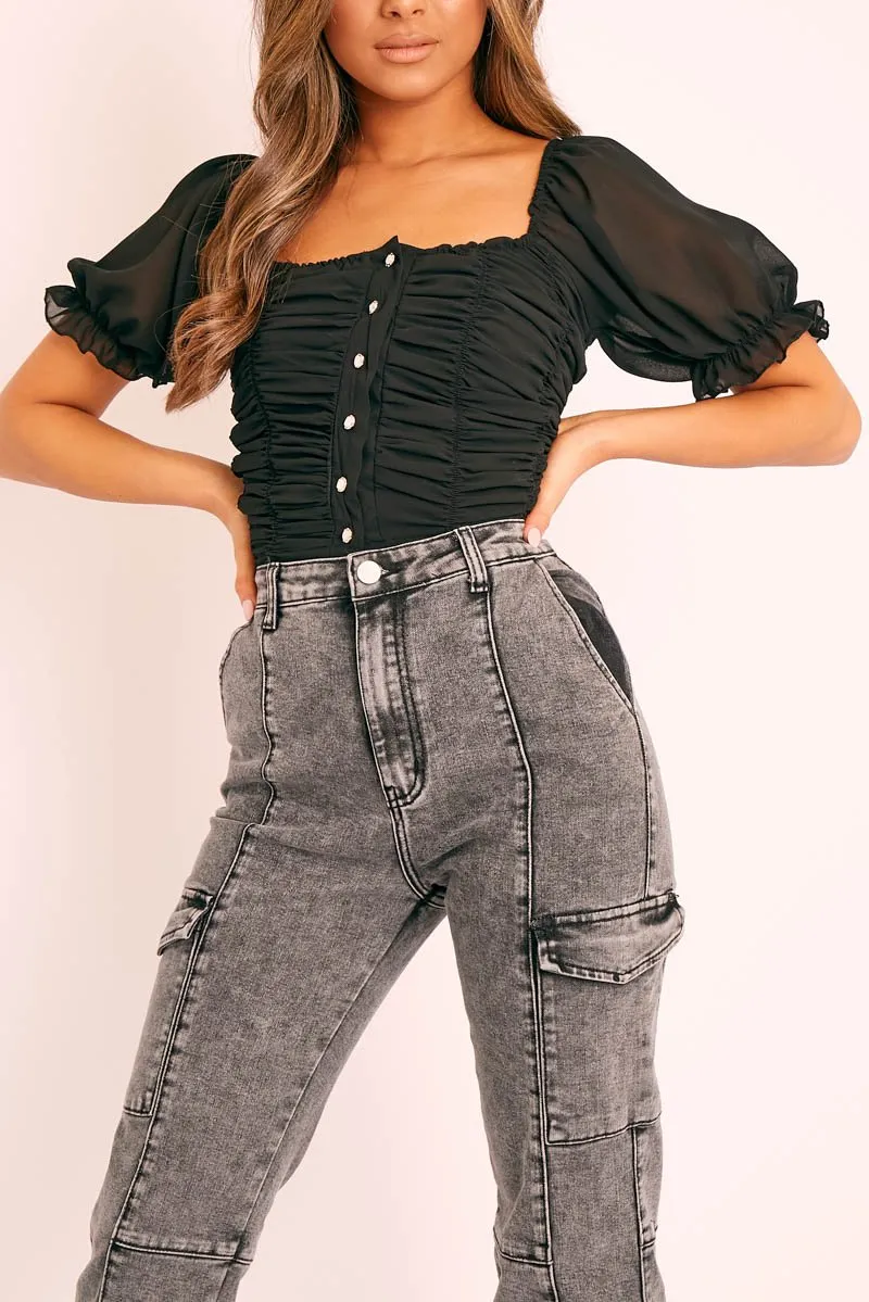 Black Ruffle Pearl Button Crop Top - Stefani