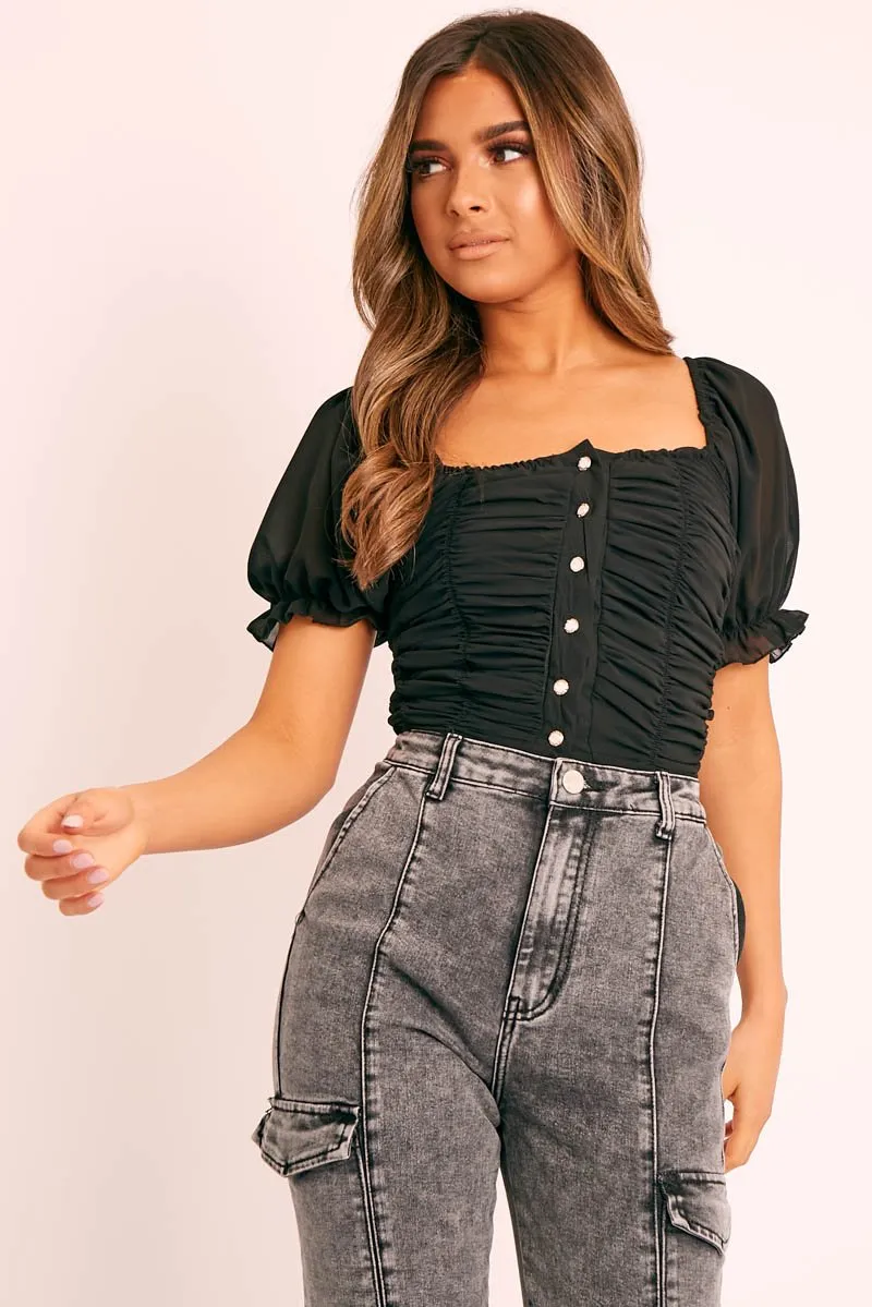 Black Ruffle Pearl Button Crop Top - Stefani