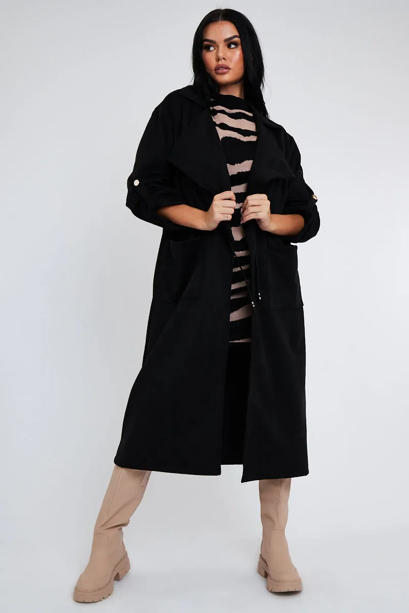 Black Suede Relaxed Tie Waist Trench Coat - Rora