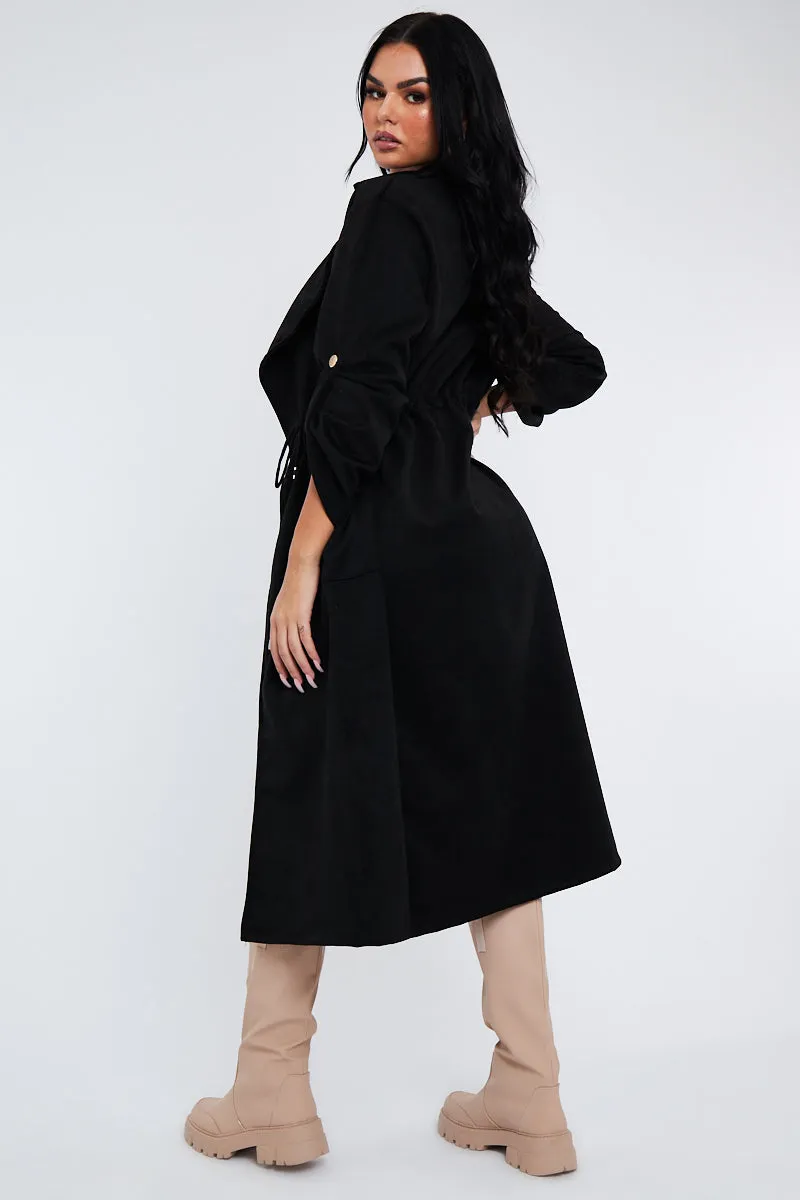 Black Suede Relaxed Tie Waist Trench Coat - Rora