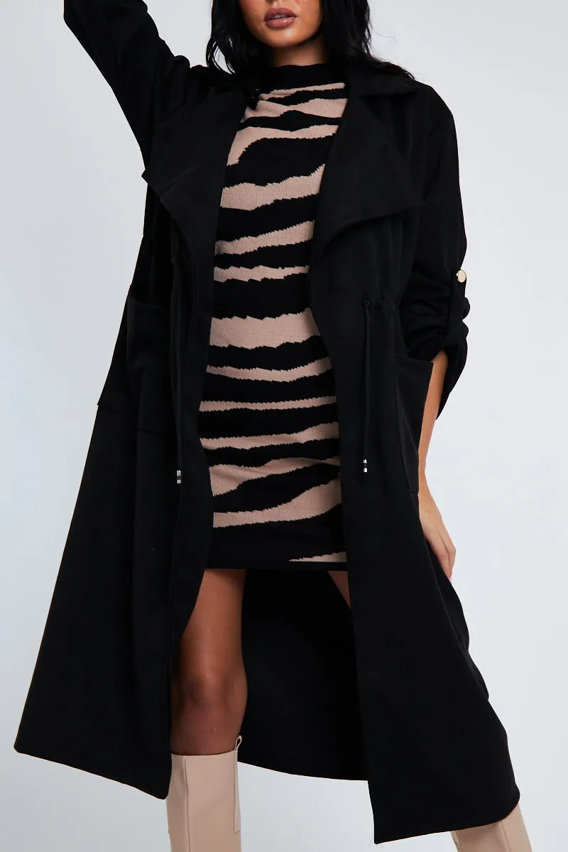 Black Suede Relaxed Tie Waist Trench Coat - Rora