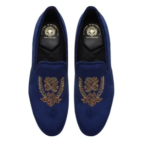 Blue Italian Velvet Slip-on with Multi Colored Floral Zardosi By BRUNE & BARESKIN