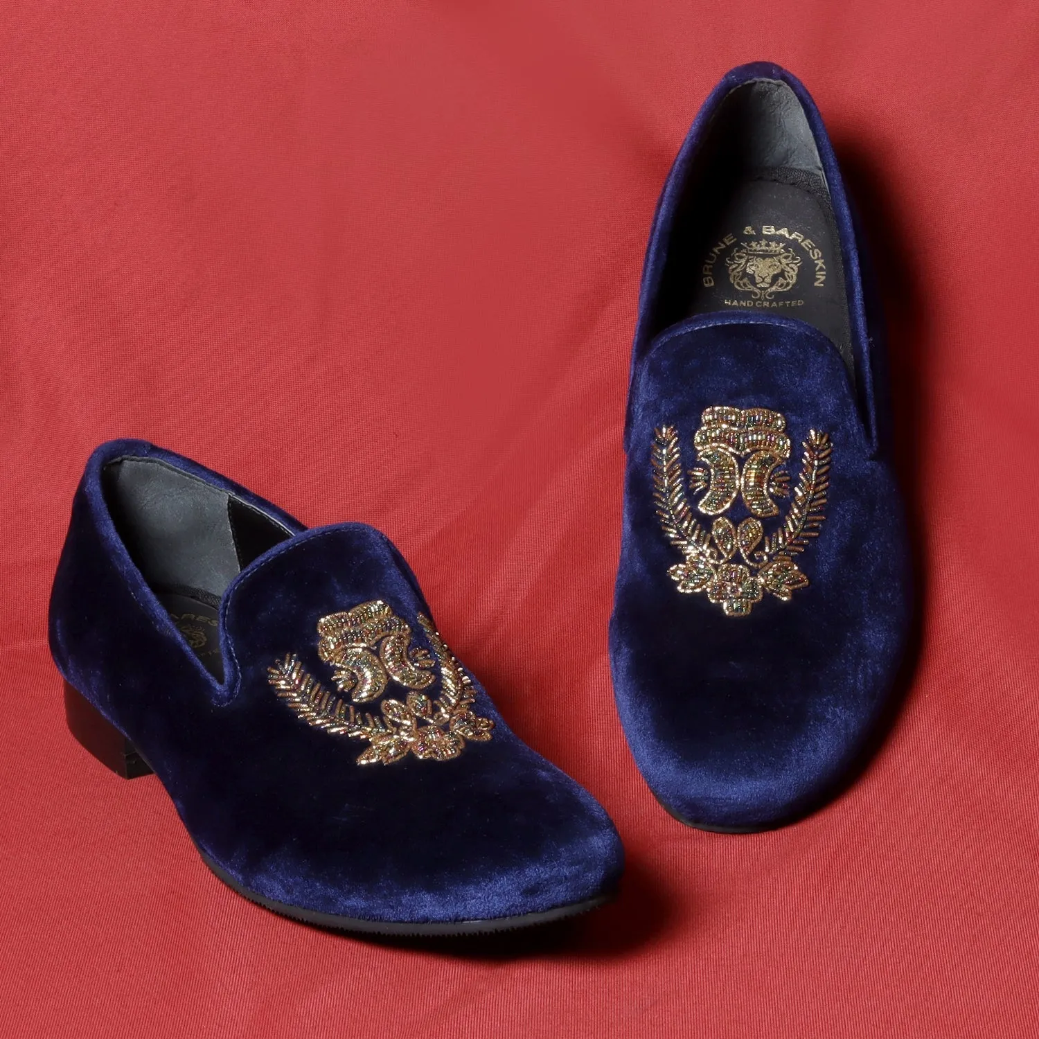 Blue Italian Velvet Slip-on with Multi Colored Floral Zardosi By BRUNE & BARESKIN