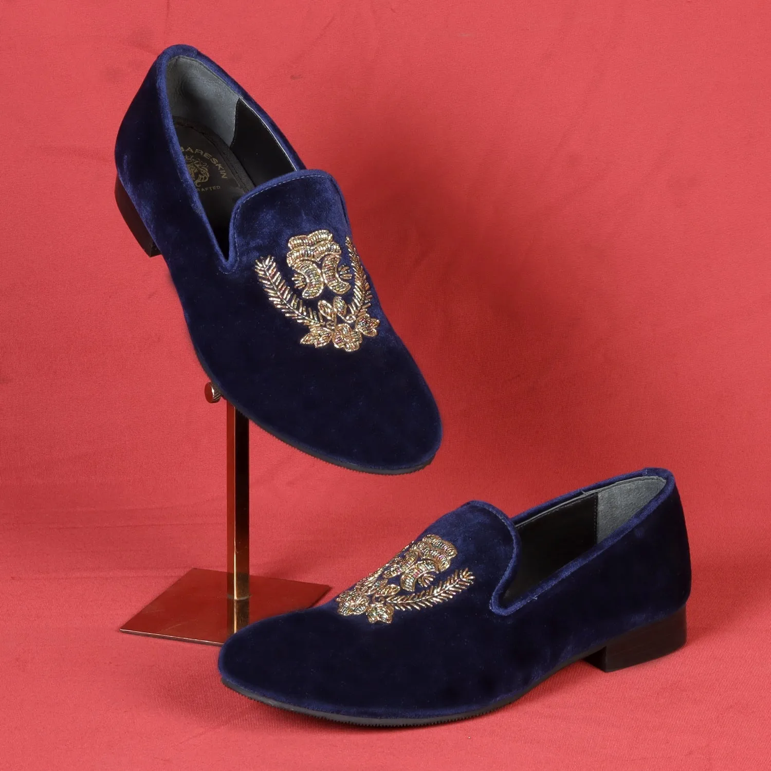 Blue Italian Velvet Slip-on with Multi Colored Floral Zardosi By BRUNE & BARESKIN