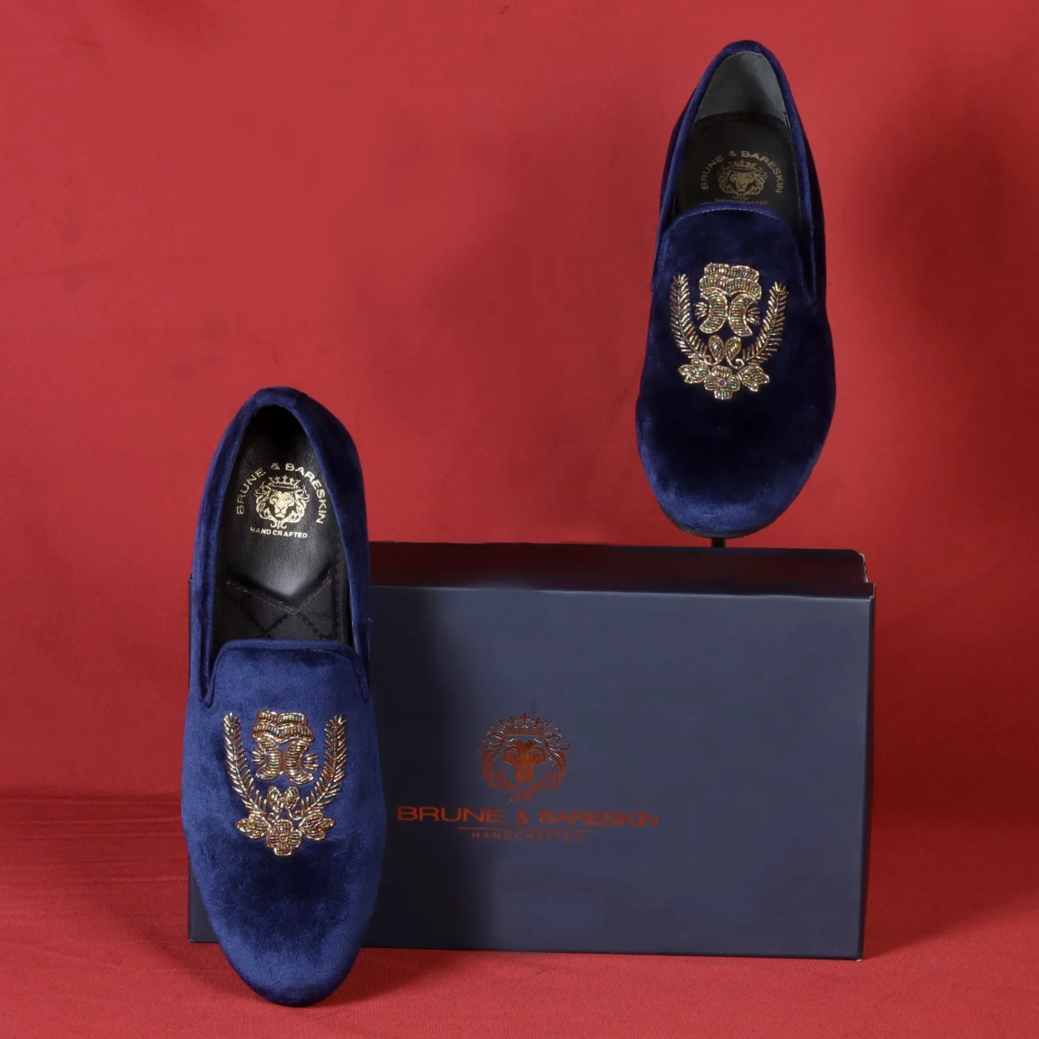 Blue Italian Velvet Slip-on with Multi Colored Floral Zardosi By BRUNE & BARESKIN