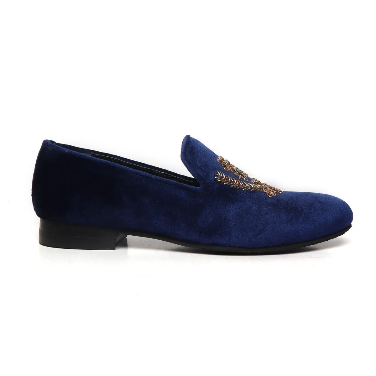 Blue Italian Velvet Slip-on with Multi Colored Floral Zardosi By BRUNE & BARESKIN