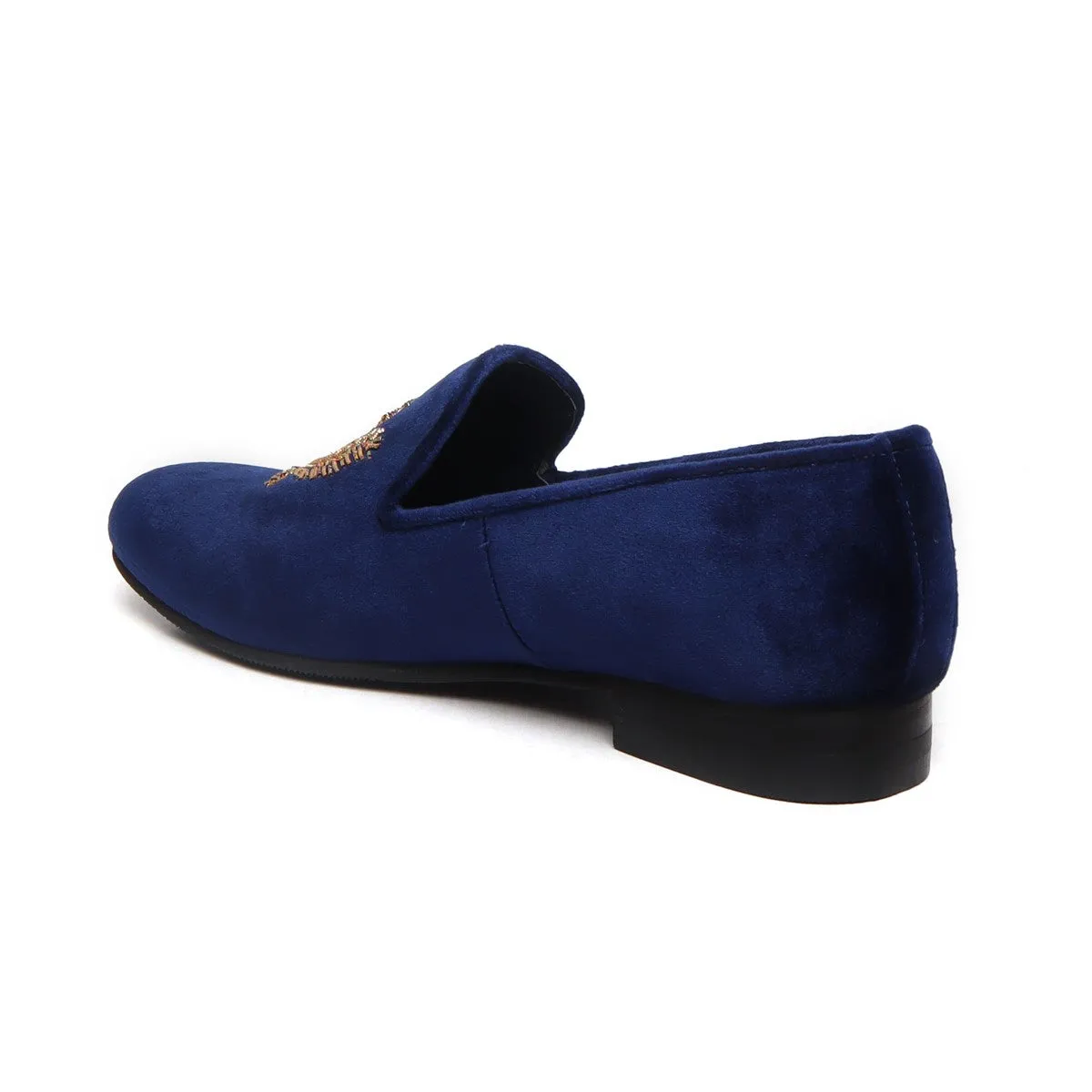 Blue Italian Velvet Slip-on with Multi Colored Floral Zardosi By BRUNE & BARESKIN