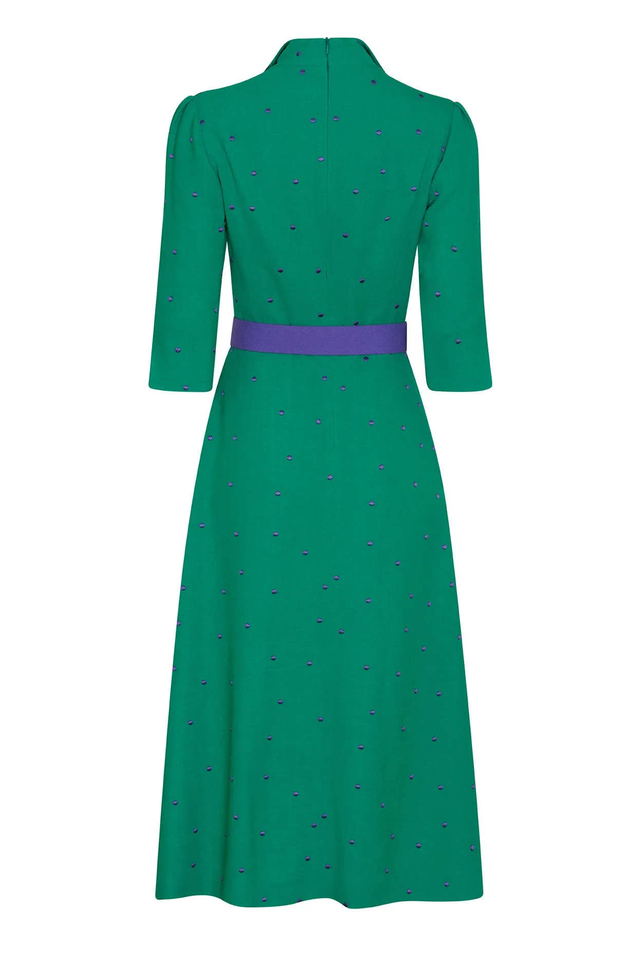 Calf-Length, A-Line Dress in Green and Purple Spot Crepe - Naomi