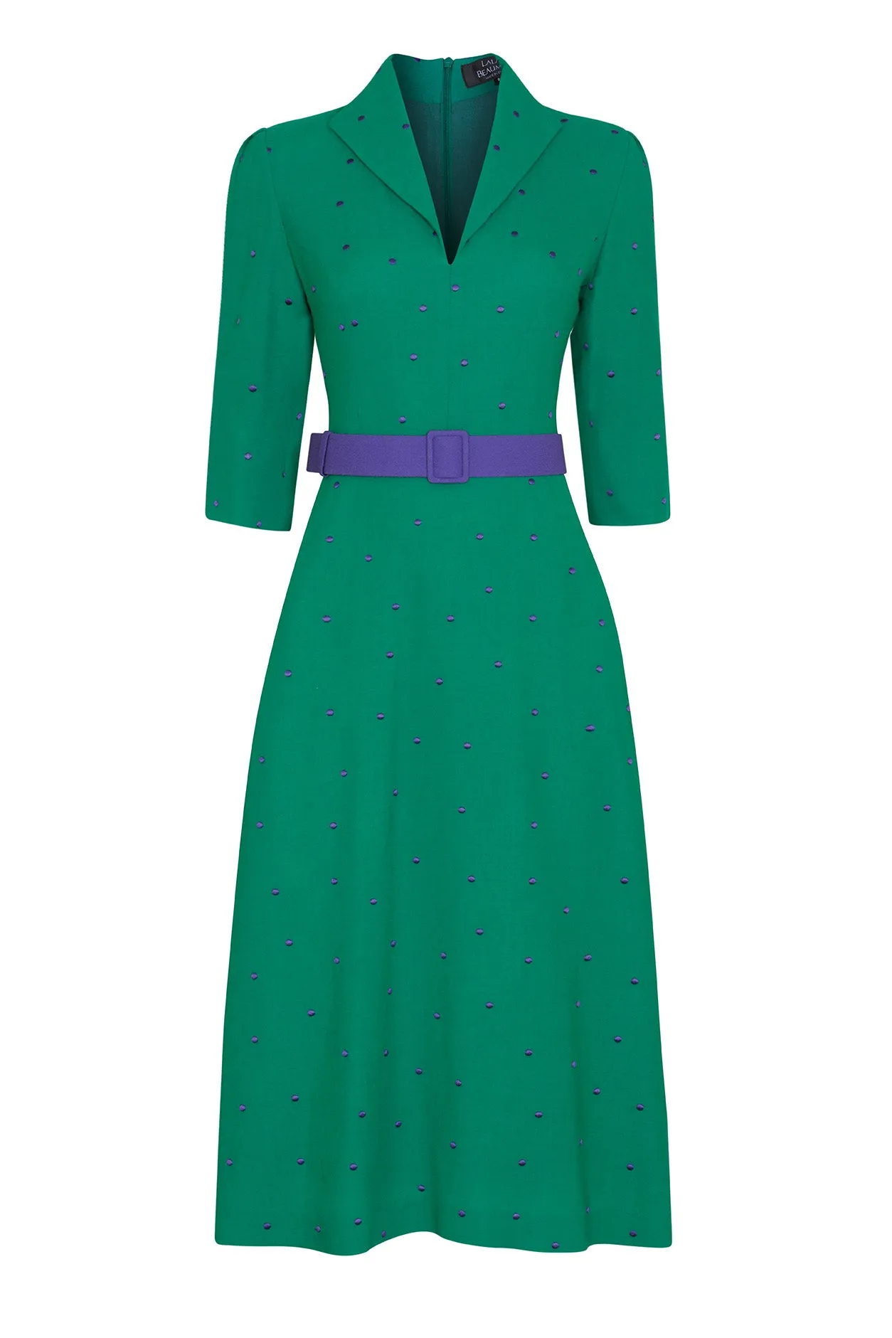 Calf-Length, A-Line Dress in Green and Purple Spot Crepe - Naomi