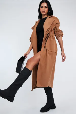 Camel Relaxed Tie Waist Trench Coat - Mayva