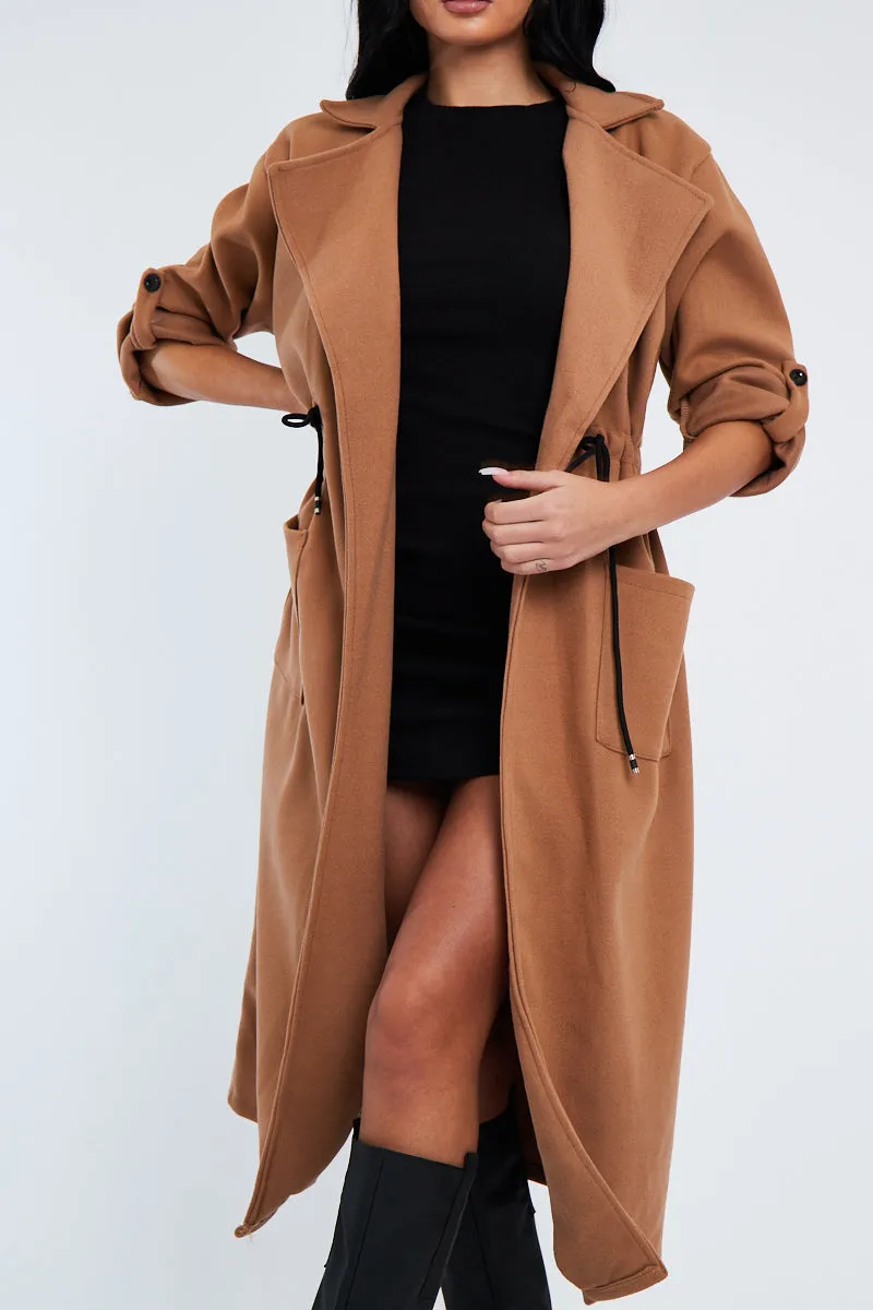 Camel Relaxed Tie Waist Trench Coat - Mayva