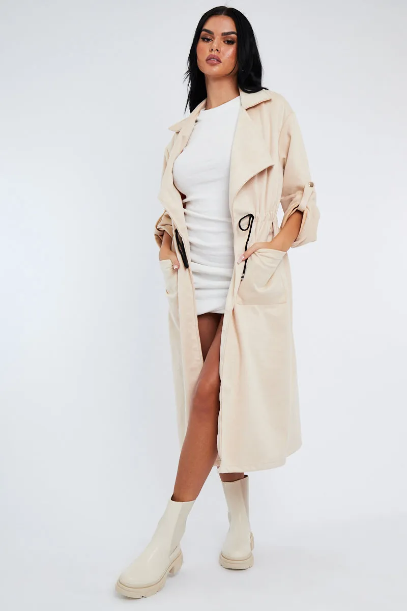 Cream Suede Relaxed Tie Waist Trench Coat - Rora