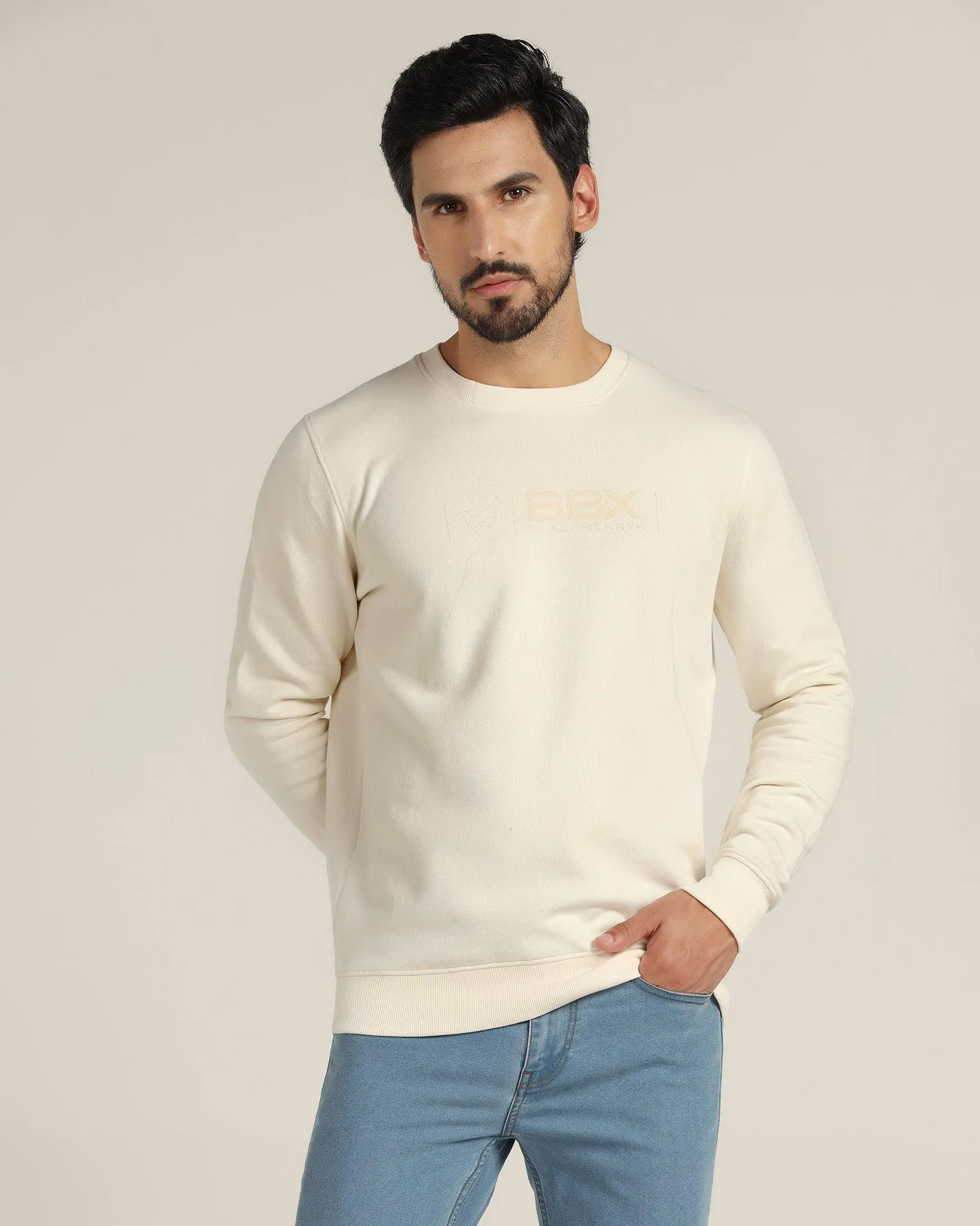 Crew Neck Off White Solid Sweatshirt - Jame