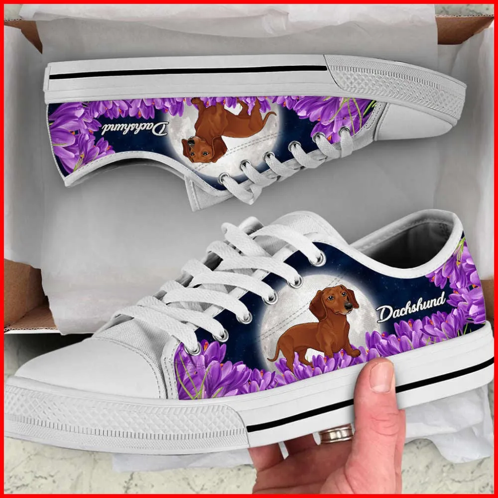 Dachshund Dog Purple Flower Low Top Shoes Canvas Sneakers, Dog Printed Shoes, Canvas Shoes For Men, Women