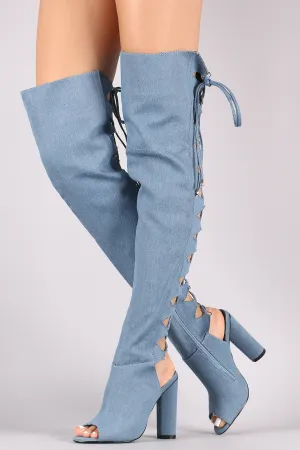 Denim Back Lace Up Chunky Heeled Over-The-Knee Boots