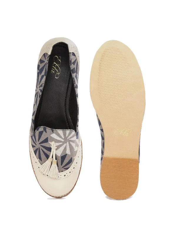 Flora White Solid & Block Printed Tasselled Handcrafted Loafers