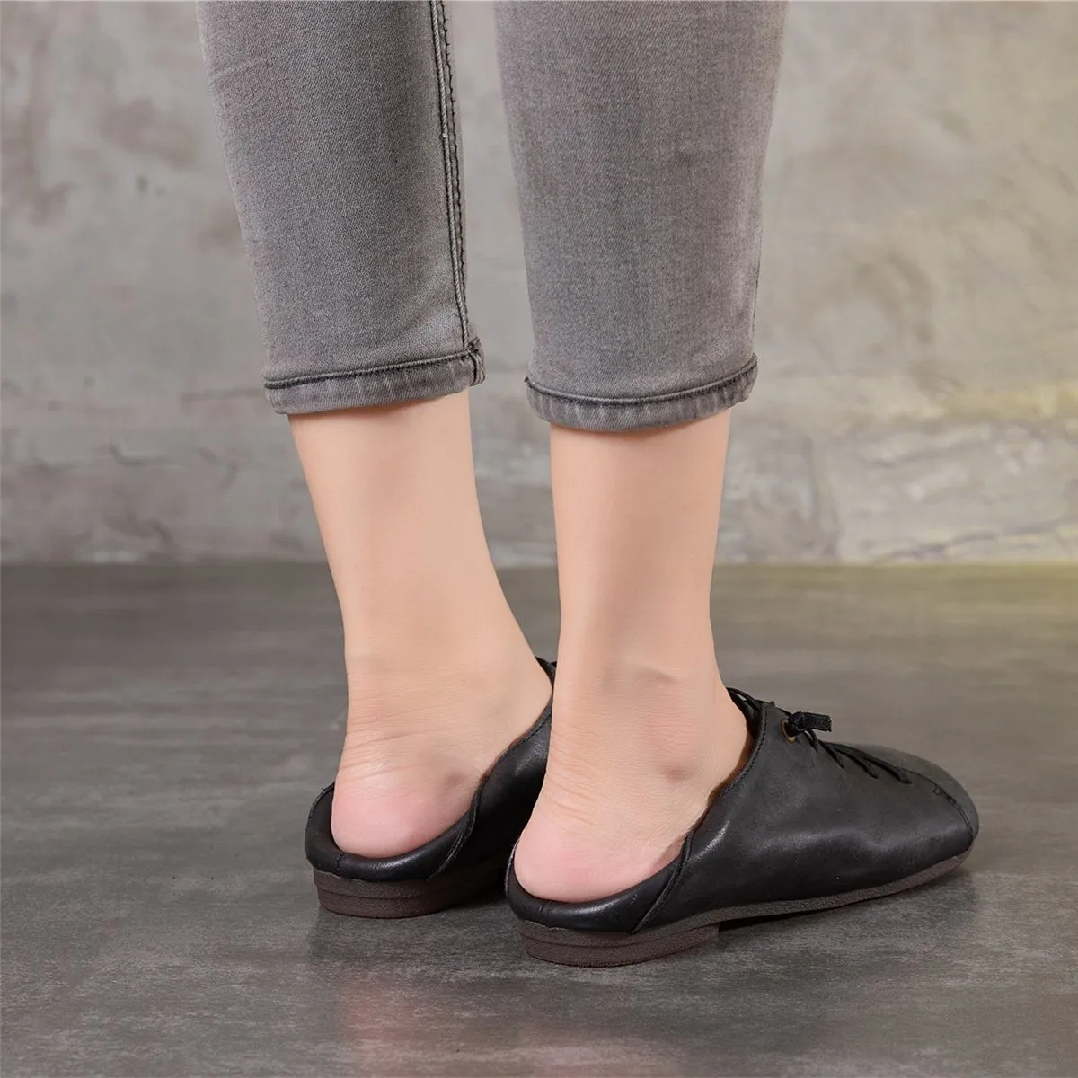 Handmade Flats Leather Lace Up Oxford Shoes Rubber Sole Low Heels Loafers Slip Ons Flaty Shoes Black