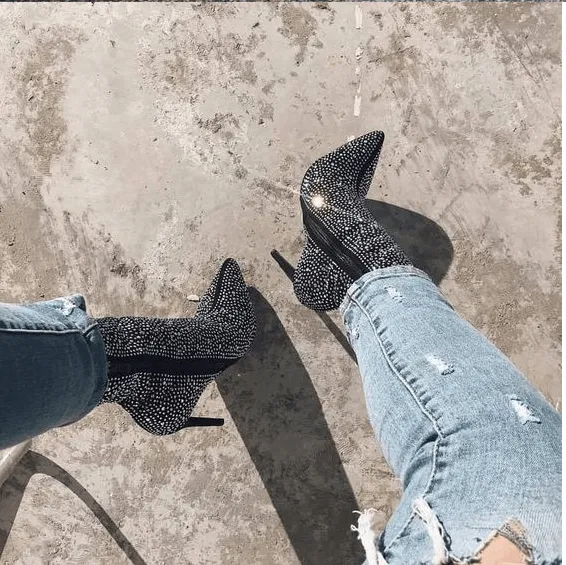 High Heel Rhinestone Ankle Boots