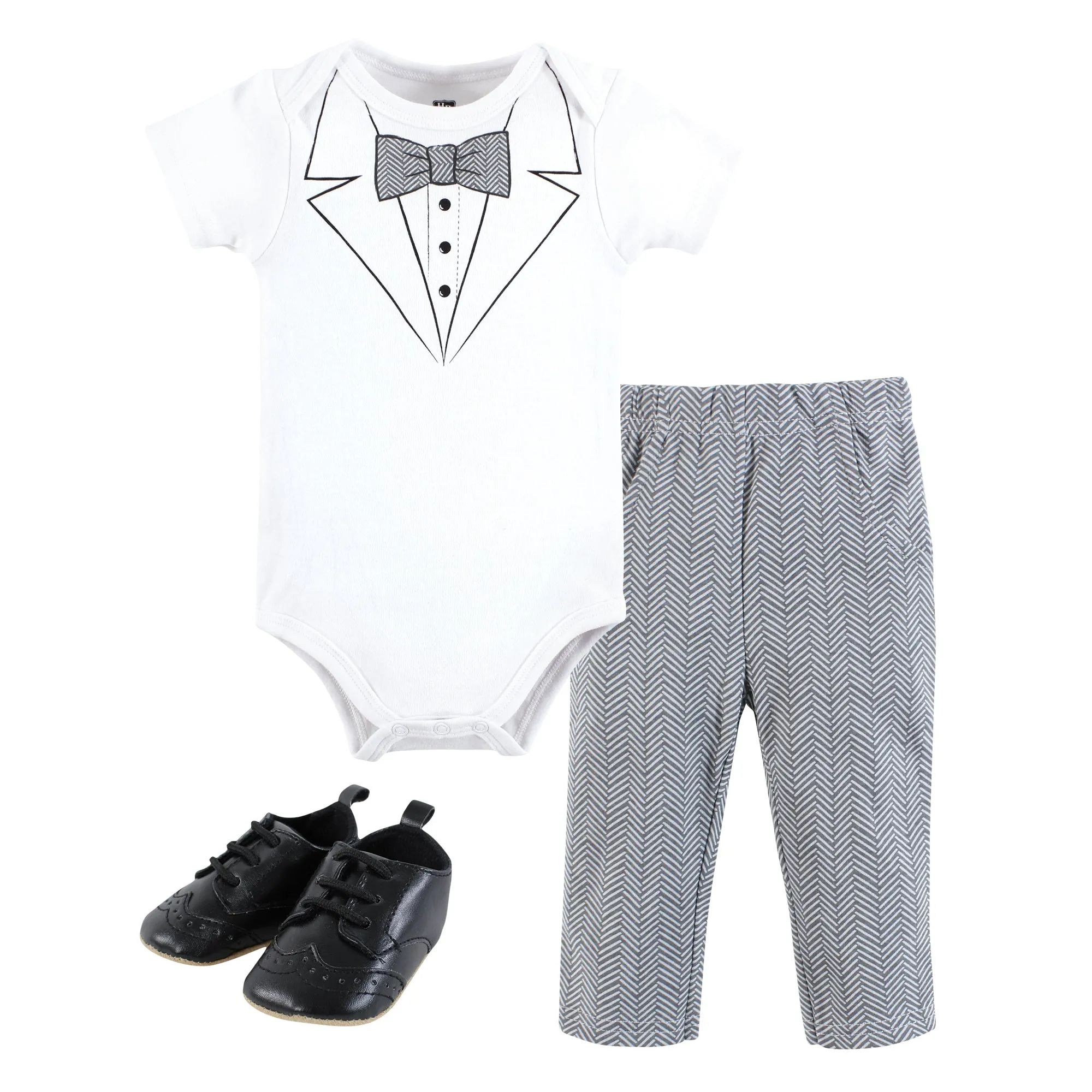 Hudson Baby Cotton Bodysuit, Pant and Shoe Set, Tweed Bow Tie