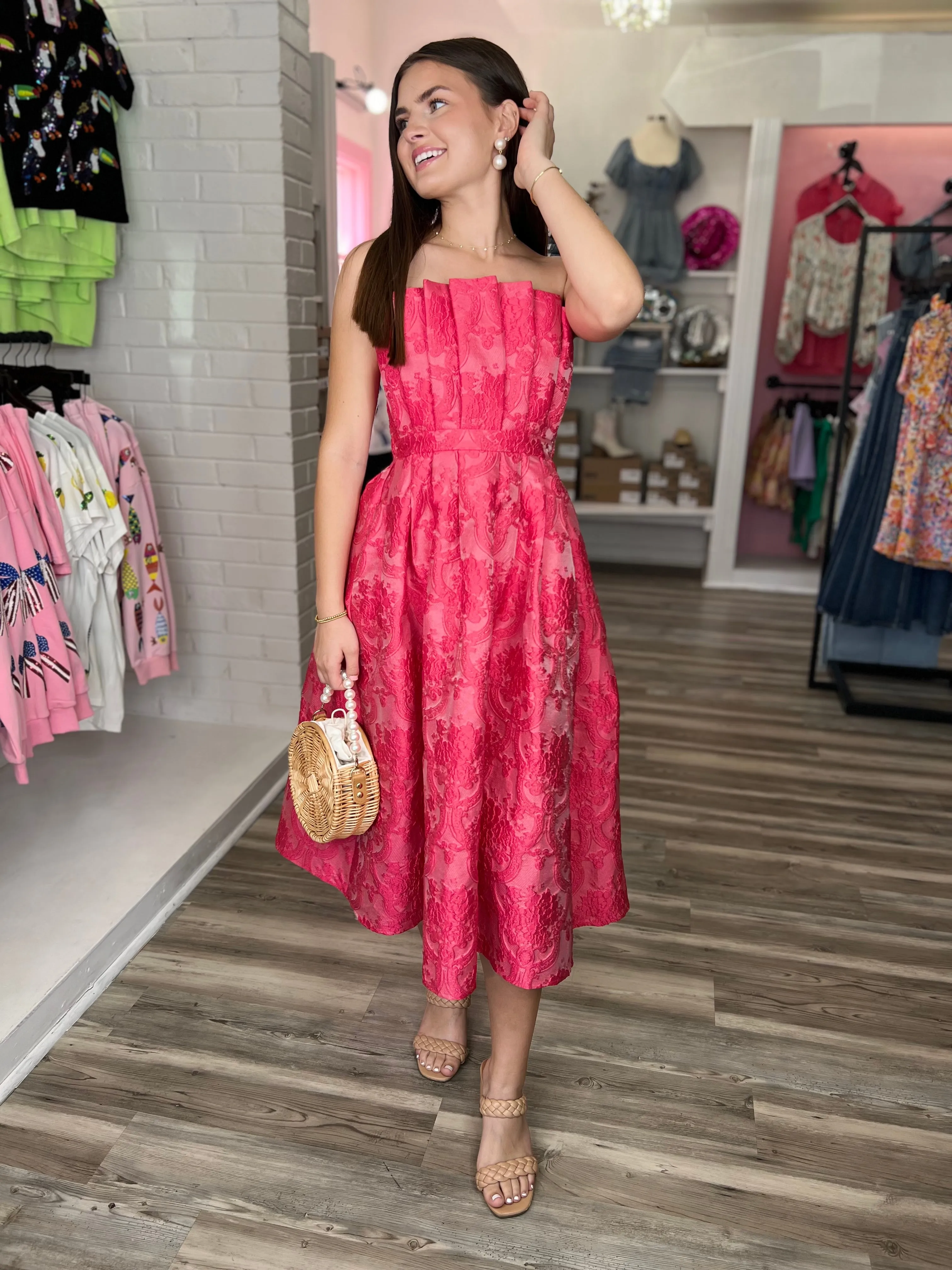 Isabelle Embossed Strapless Midi Dress - Hot Pink