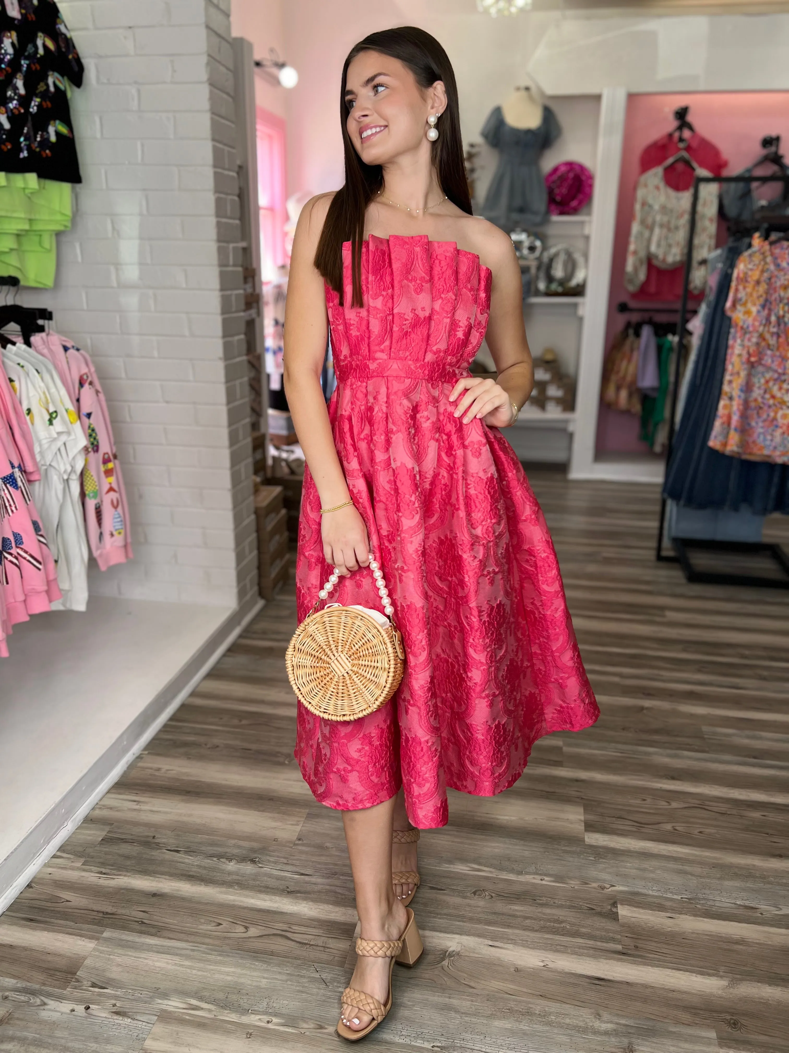 Isabelle Embossed Strapless Midi Dress - Hot Pink