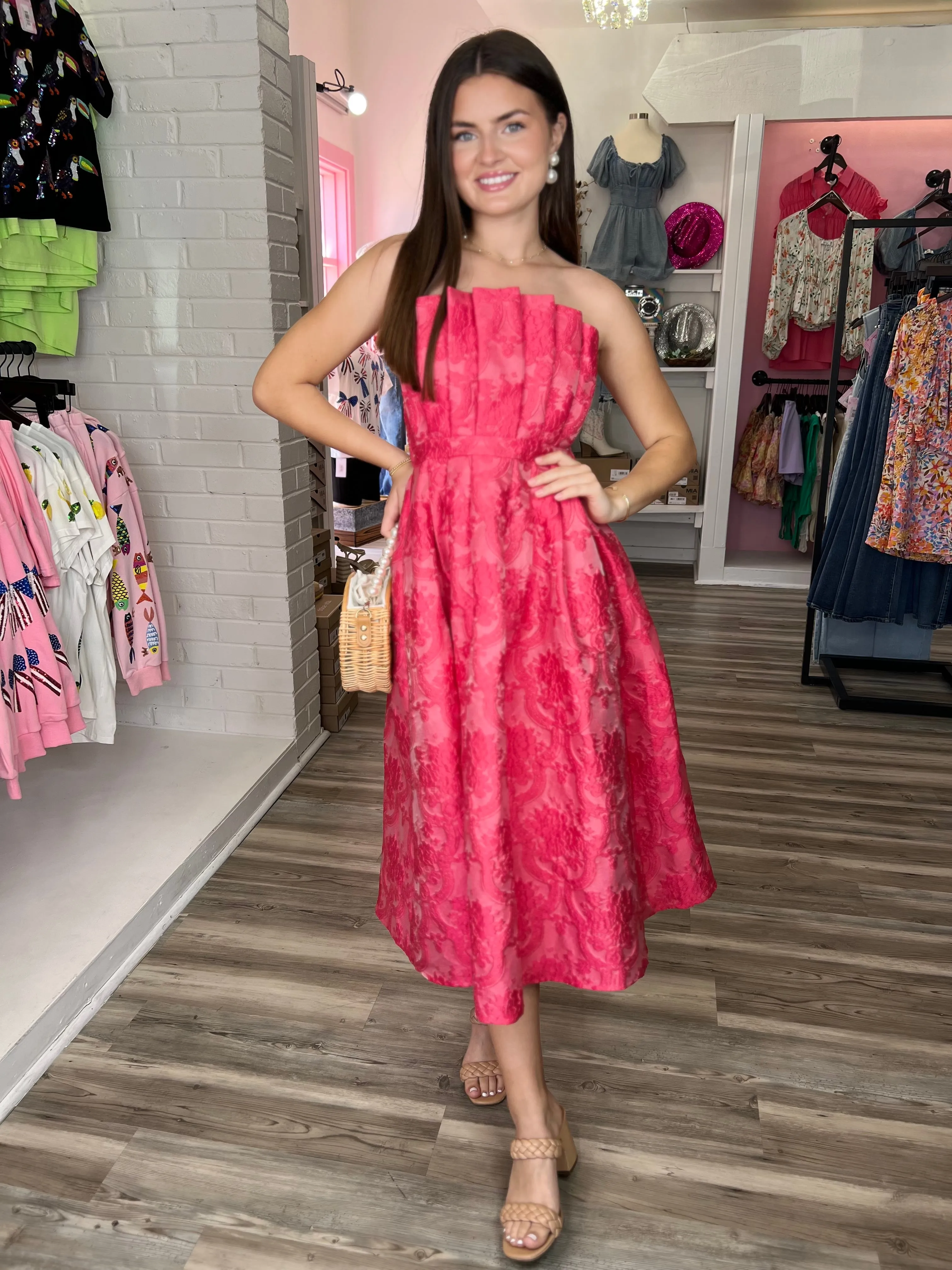 Isabelle Embossed Strapless Midi Dress - Hot Pink