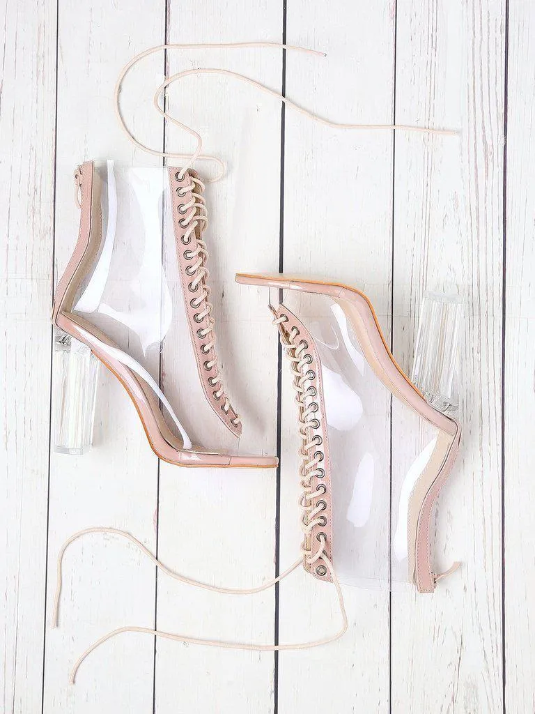 Lace Up Zipper Back Transparent Heels