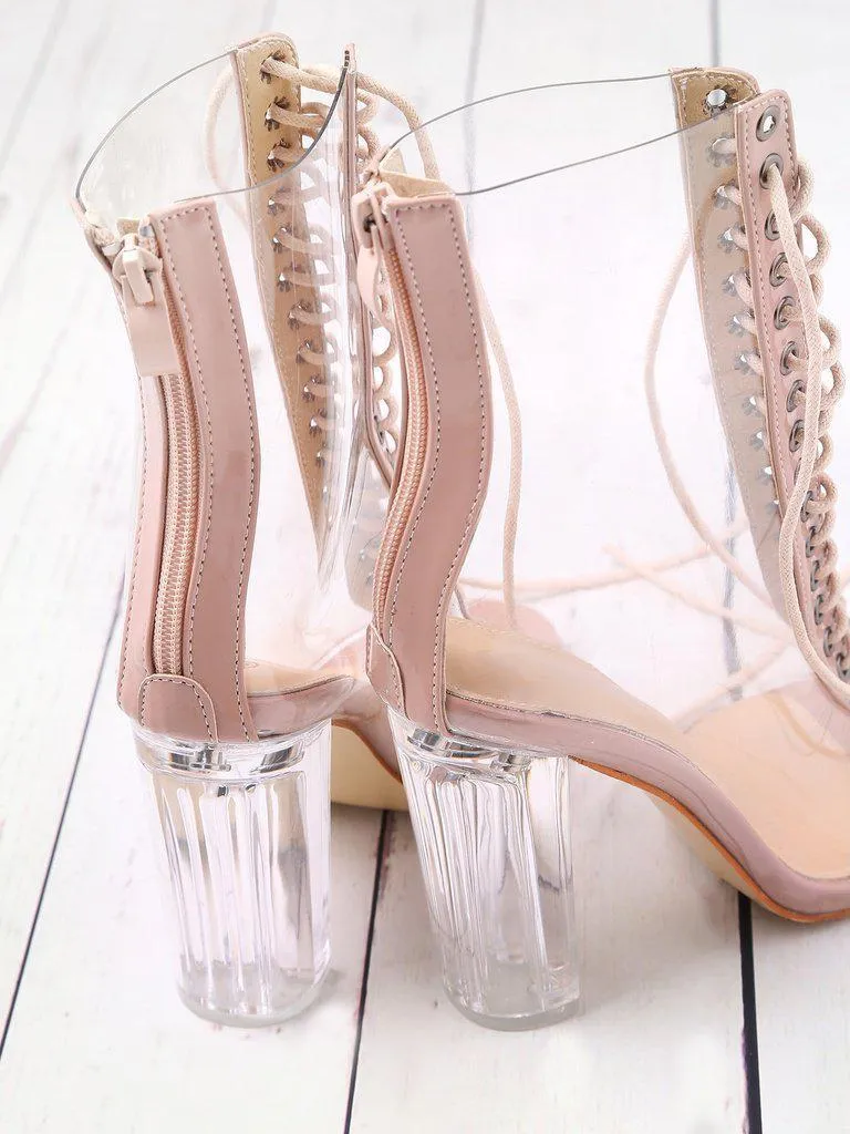 Lace Up Zipper Back Transparent Heels