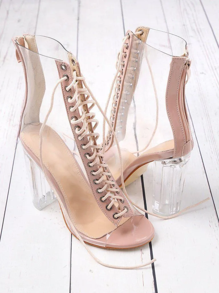 Lace Up Zipper Back Transparent Heels