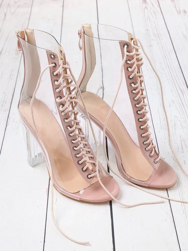 Lace Up Zipper Back Transparent Heels