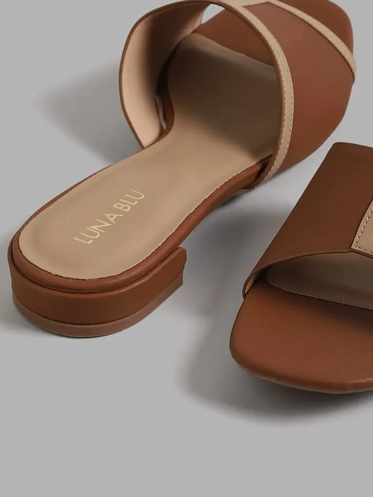 LUNA BLU Tan Brown Color Block Mules