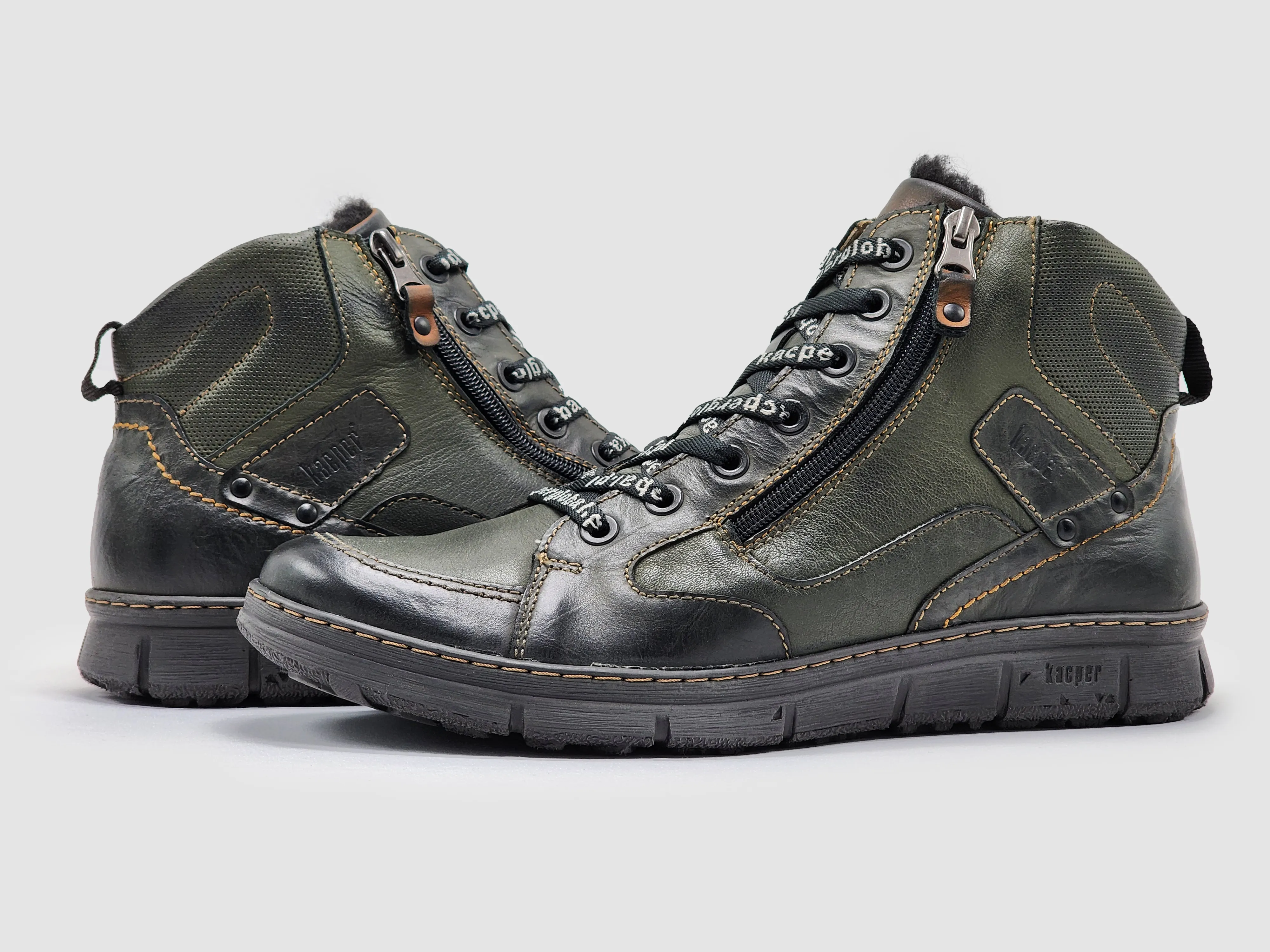 Men's Everyday Thick Wool-Lined Zip-Up Leather Boots - Olive