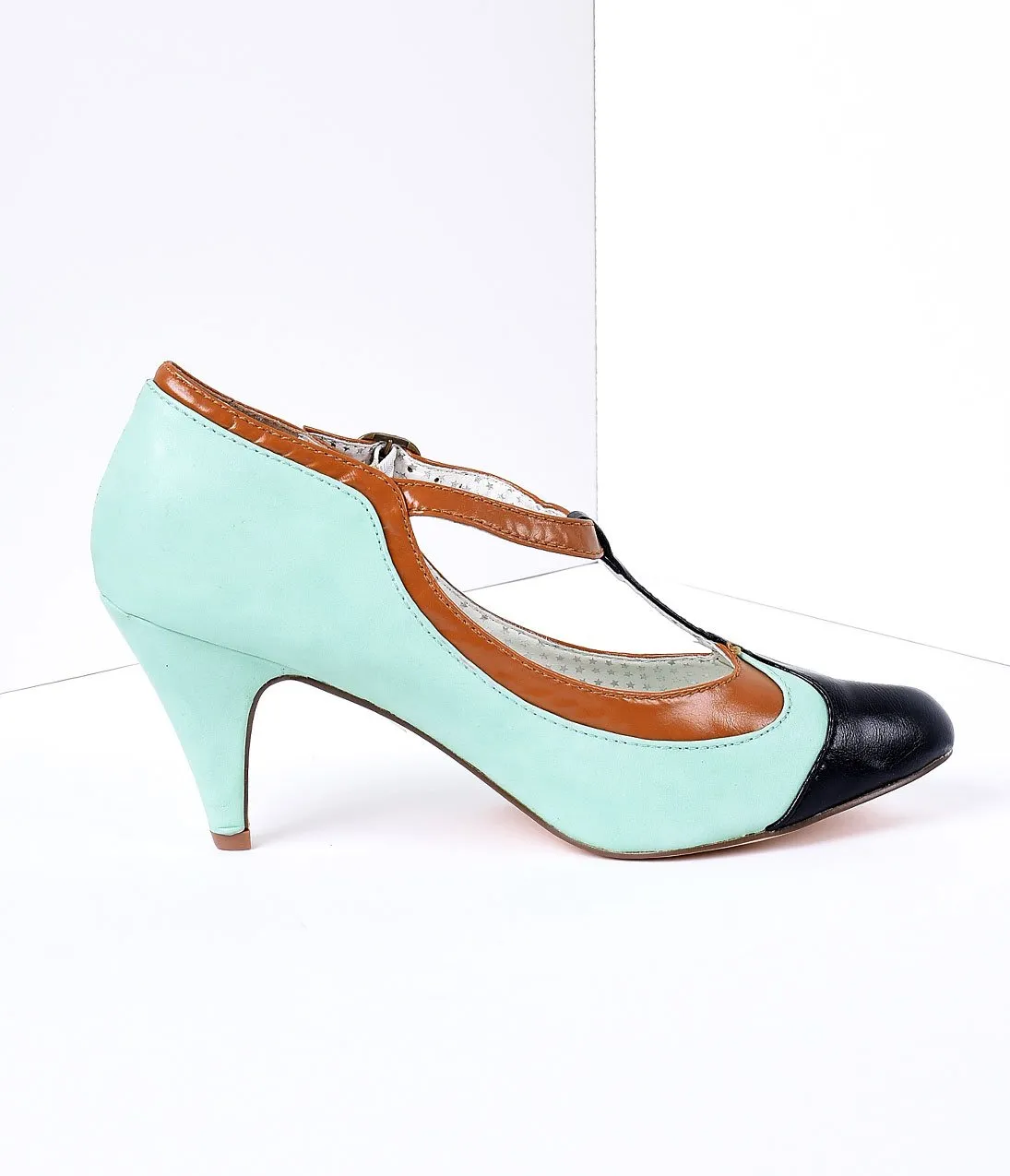 Mint Tricolor Leatherette T-Strap Pumps