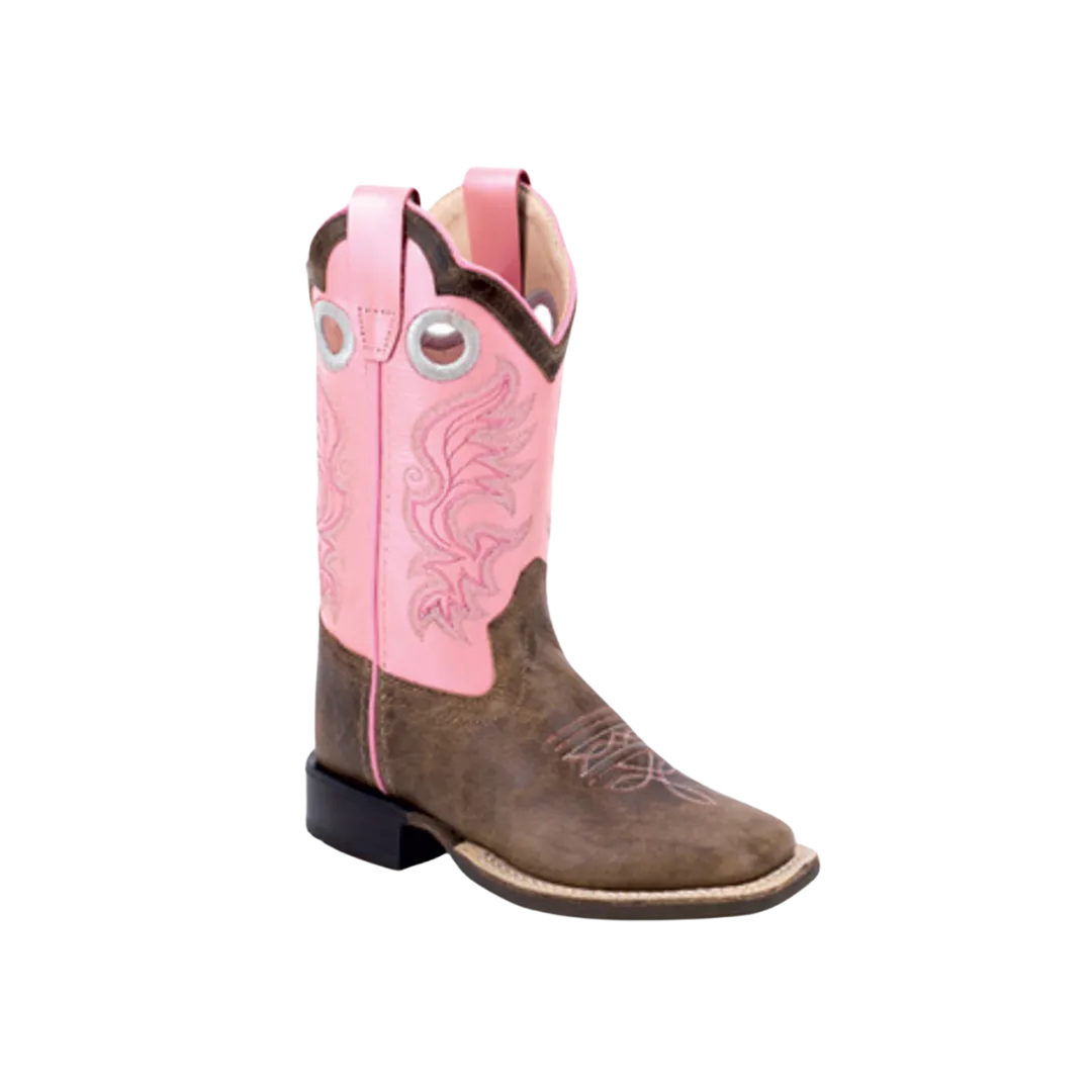 Old West Kid's Square Toe Shaft Western Pink Brown Boots