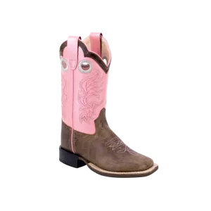 Old West Kid's Square Toe Shaft Western Pink Brown Boots