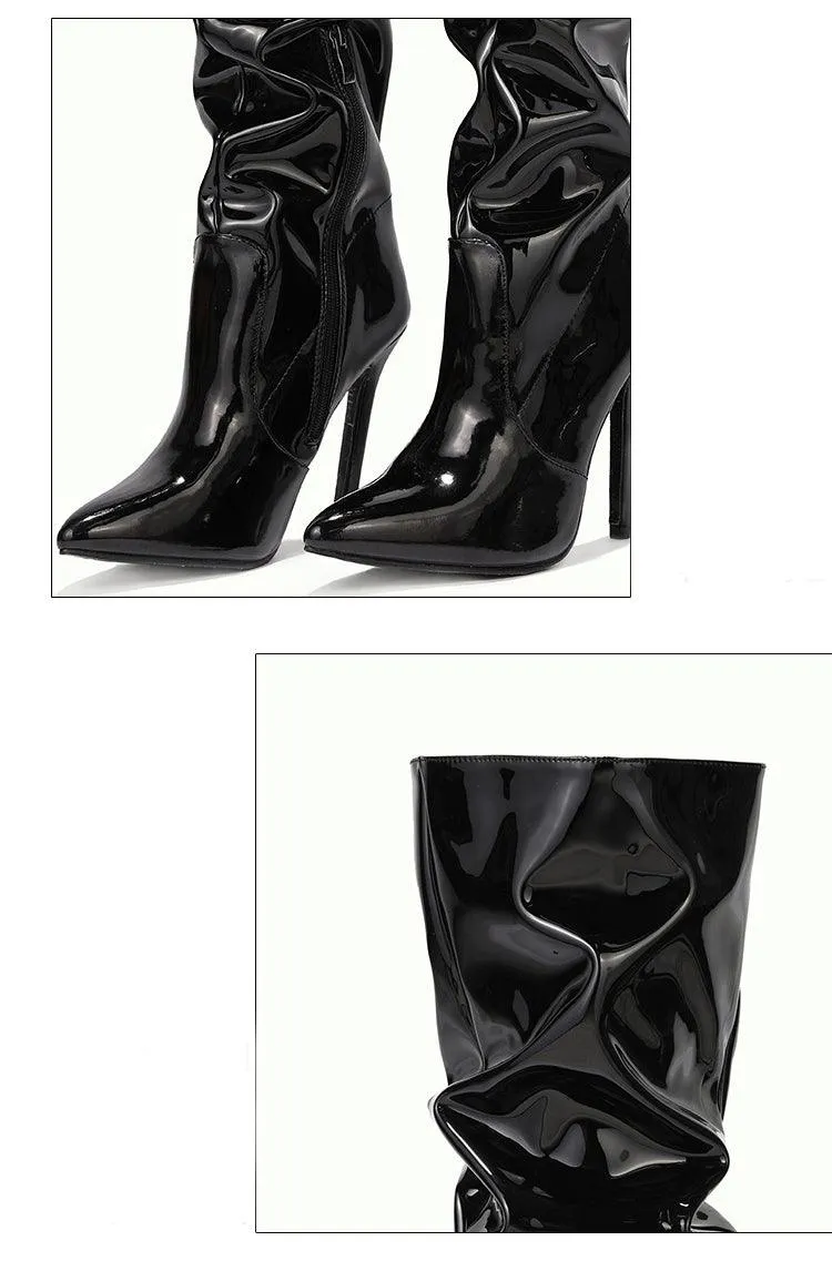 Pleated Over The Knee PU Leather Boots