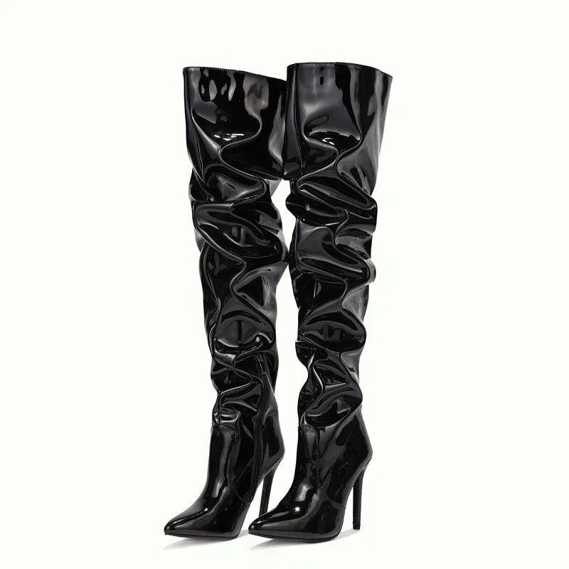 Pleated Over The Knee PU Leather Boots