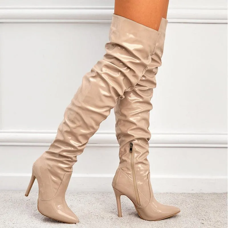 Pleated Over The Knee PU Leather Boots