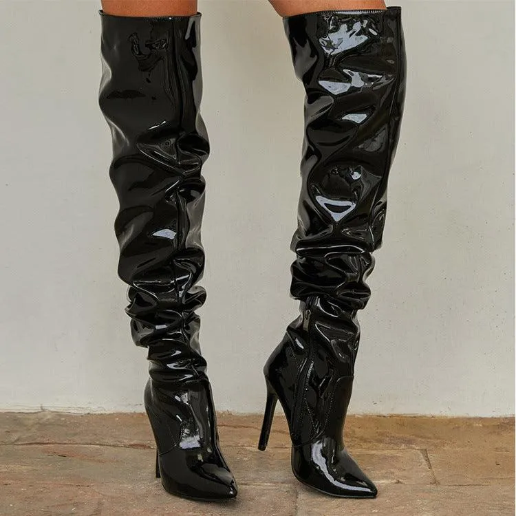 Pleated Over The Knee PU Leather Boots