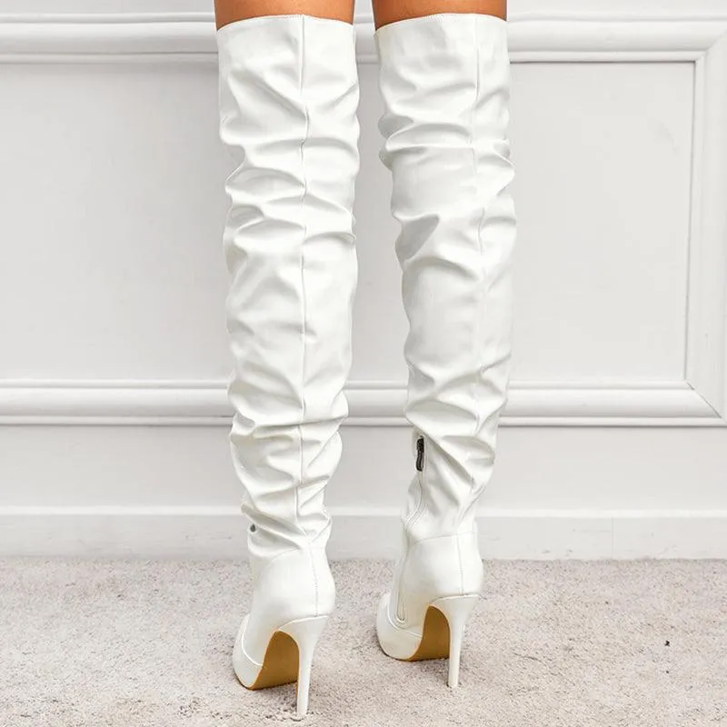 Pleated Over The Knee PU Leather Boots