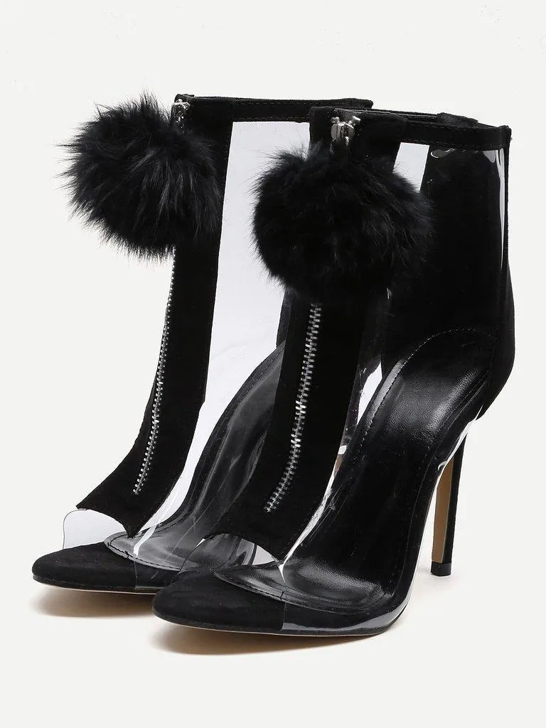 Pom Pom Front Zipper Design Stiletto Heels