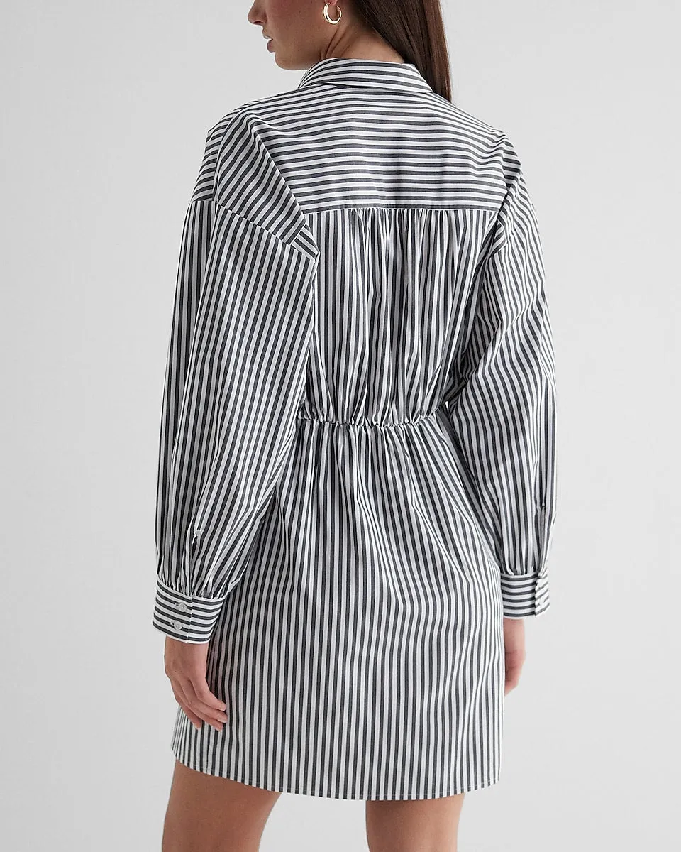 Striped Fitted Poplin Mini Shirt Dress in Gray Stripe